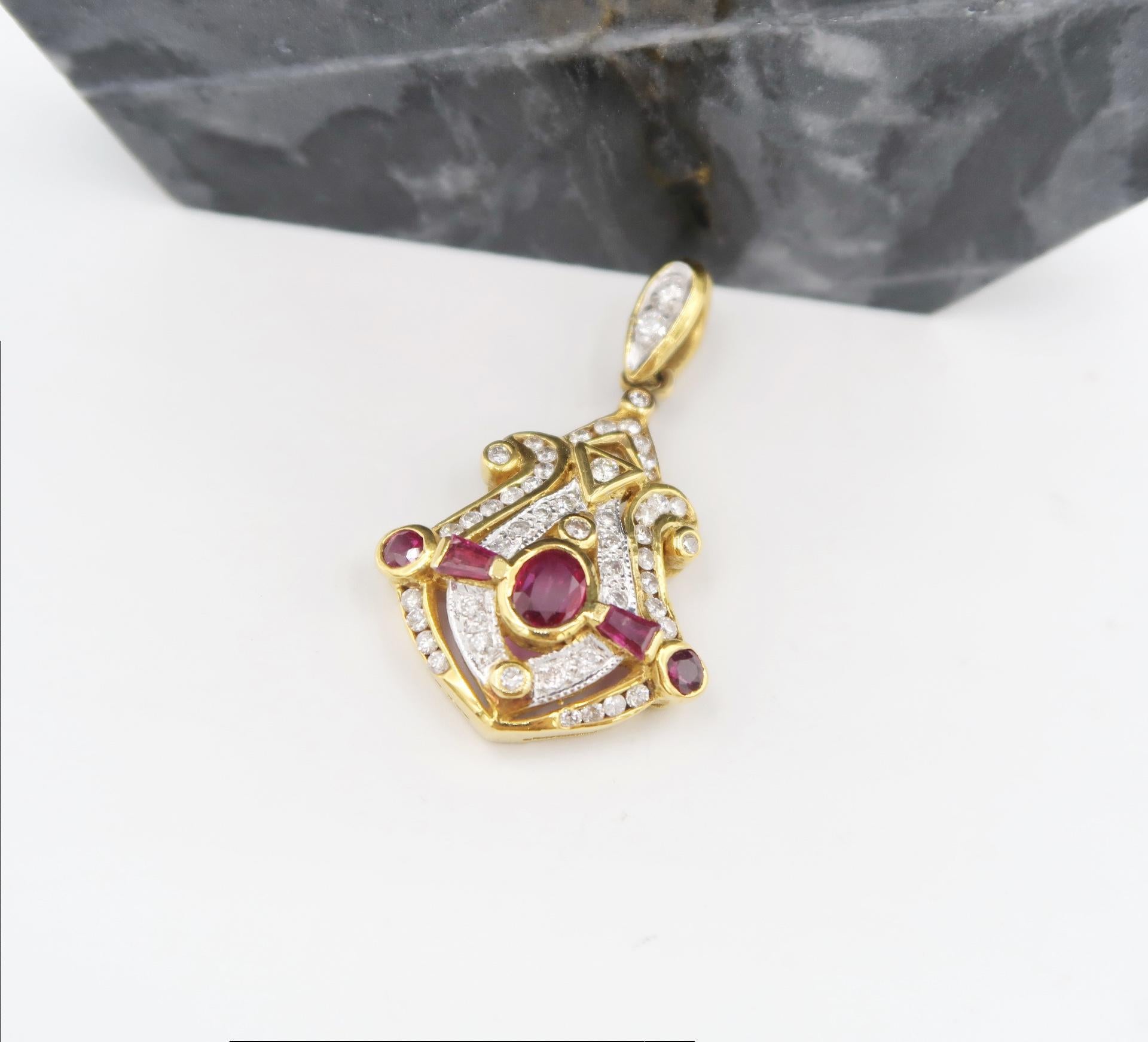 DIMENSIONS

Nautical Ruby and Diamond Pendant in 18K Yellow Gold (Pendant Only)

Gold: 18K Yellow Gold, 8.52 g
Ruby: 1.45 ct
Diamond: 0.82 ct

Please let us know should you wish to have an 18K Yellow Gold Necklace to go with the pendant.