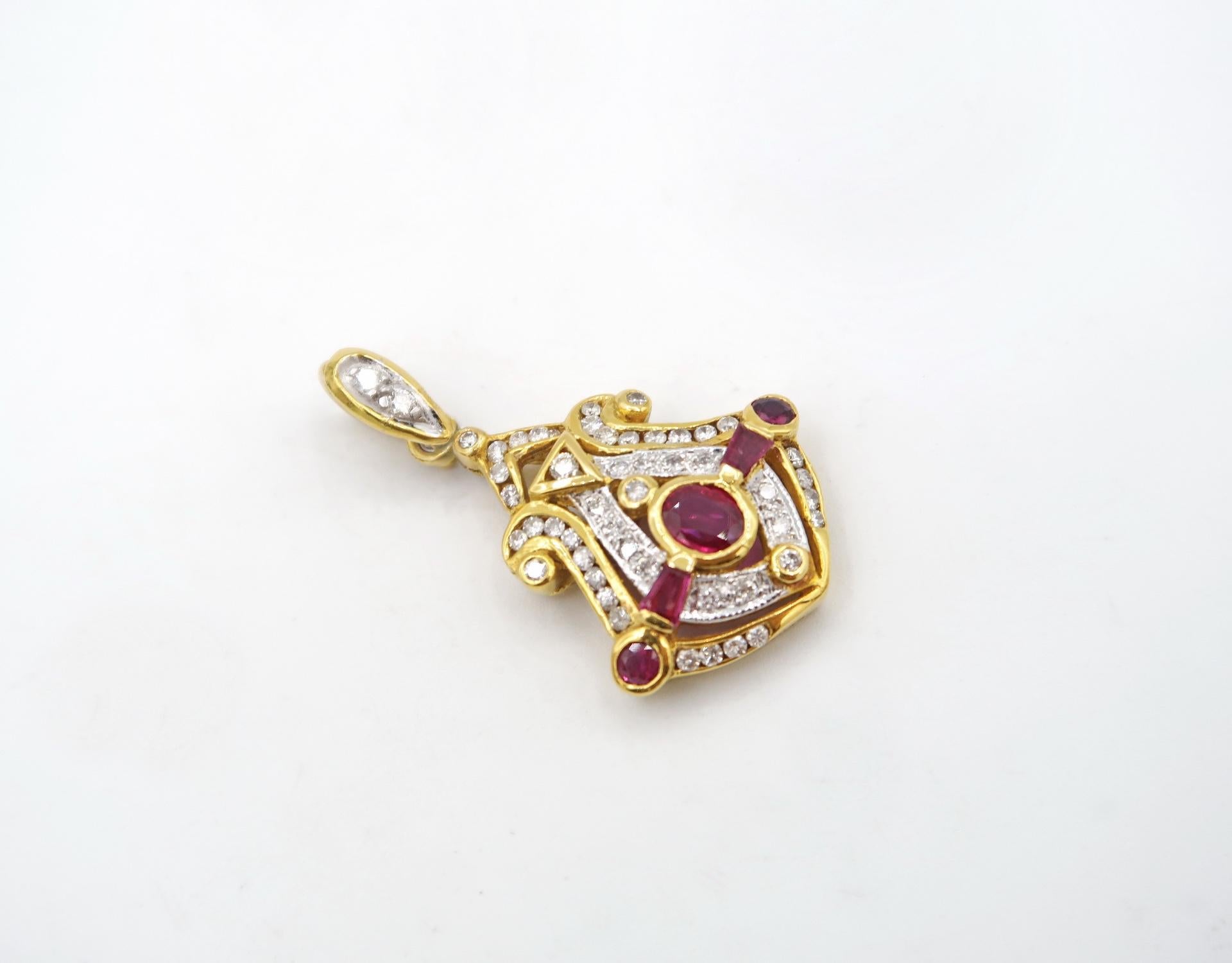 Mixed Cut Nautical Ruby and Diamond Pendant in 18K Yellow Gold Setting For Sale