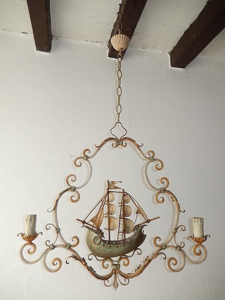 Nautical Sailing Boat Ship Chandelier, Cream and Green, circa 1900 For Sale at 1stDibs