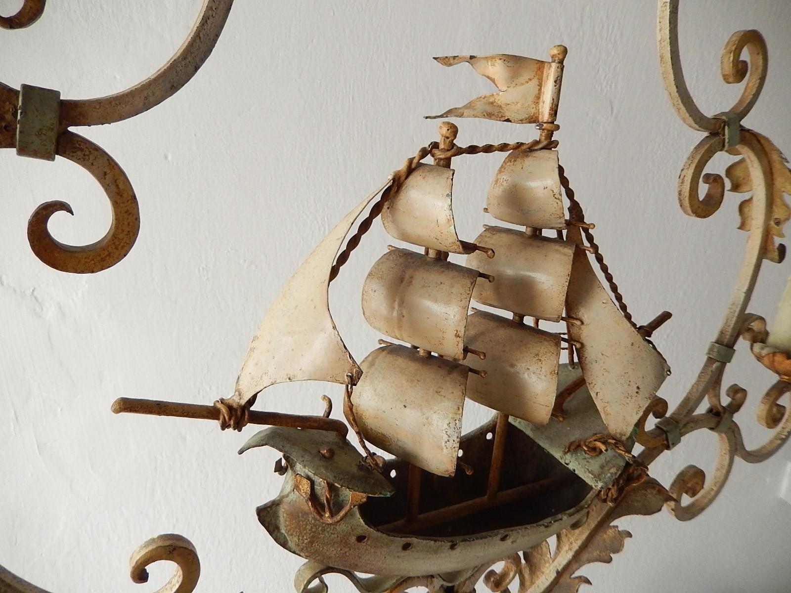 Nautical Sailing Boat Ship Chandelier, Cream and Green, circa 1900 3