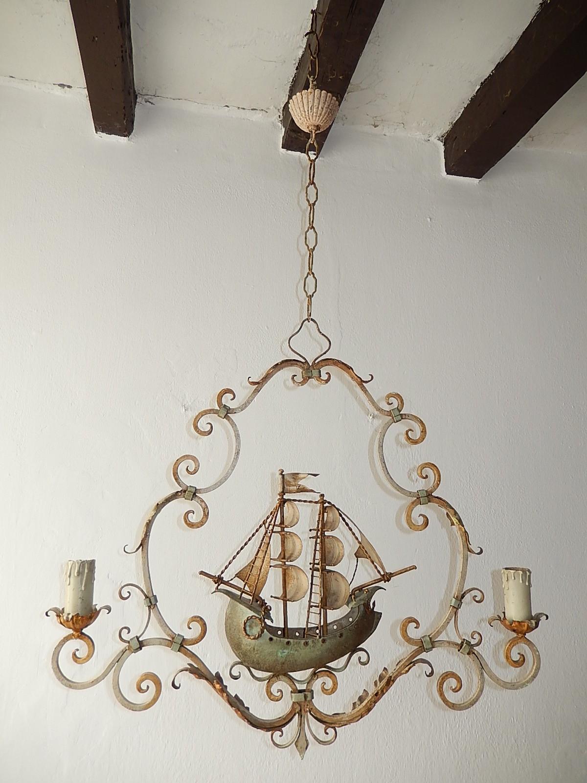 Nautical Sailing Boat Ship Chandelier, Cream and Green, circa 1900 4