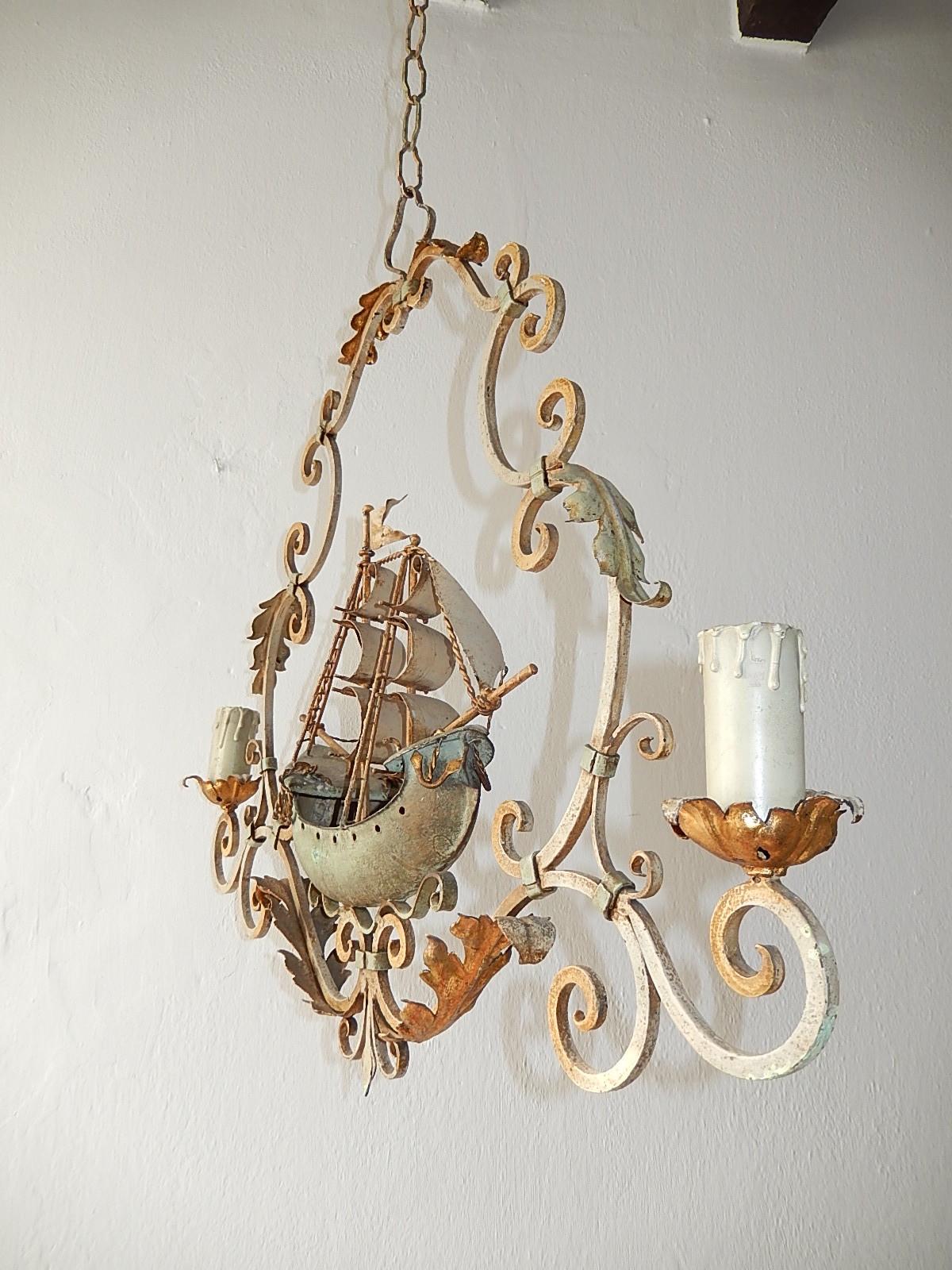 Nautical Sailing Boat Ship Chandelier, Cream and Green, circa 1900 5