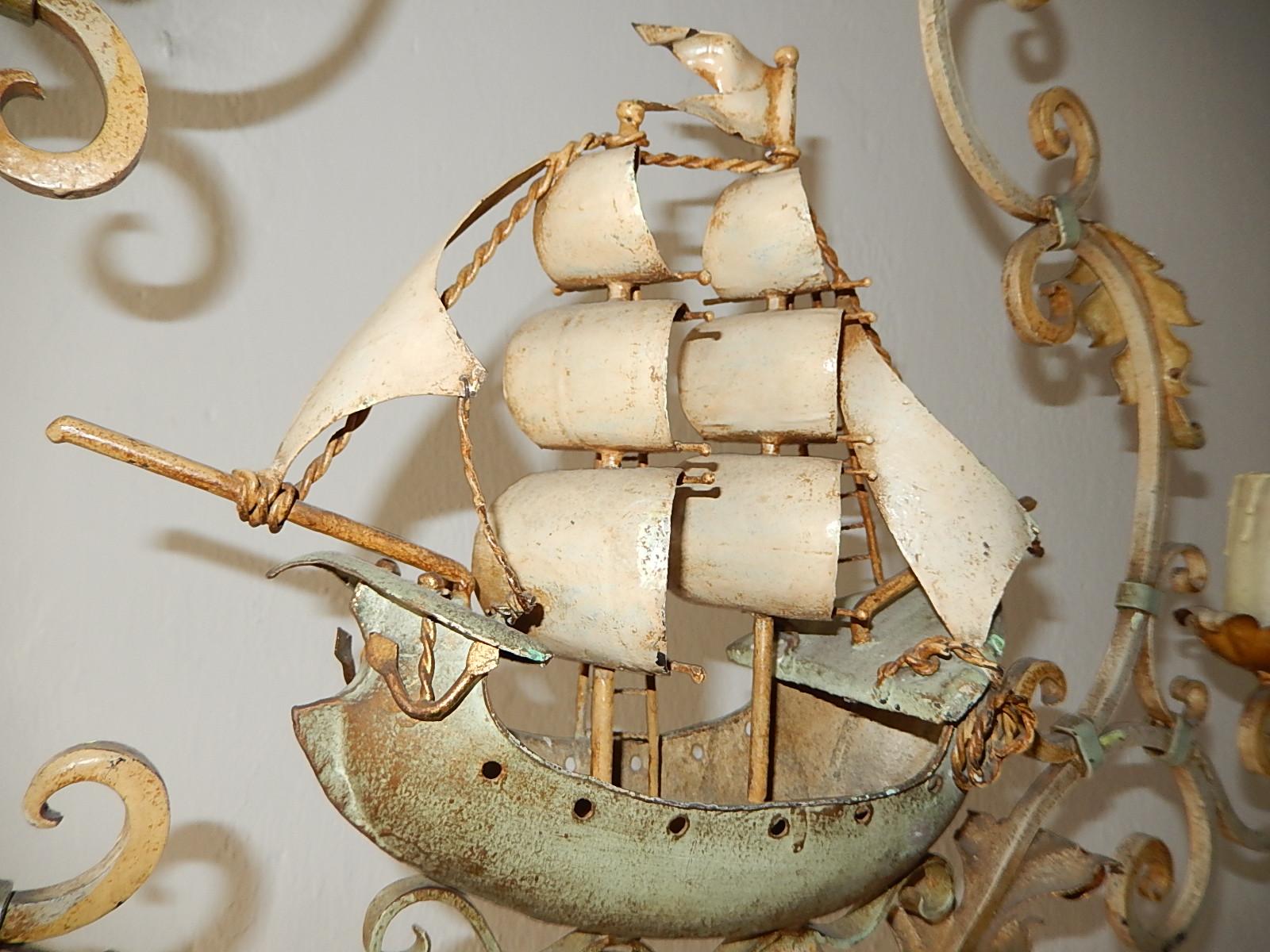 Nautical Sailing Boat Ship Chandelier, Cream and Green, circa 1900 7