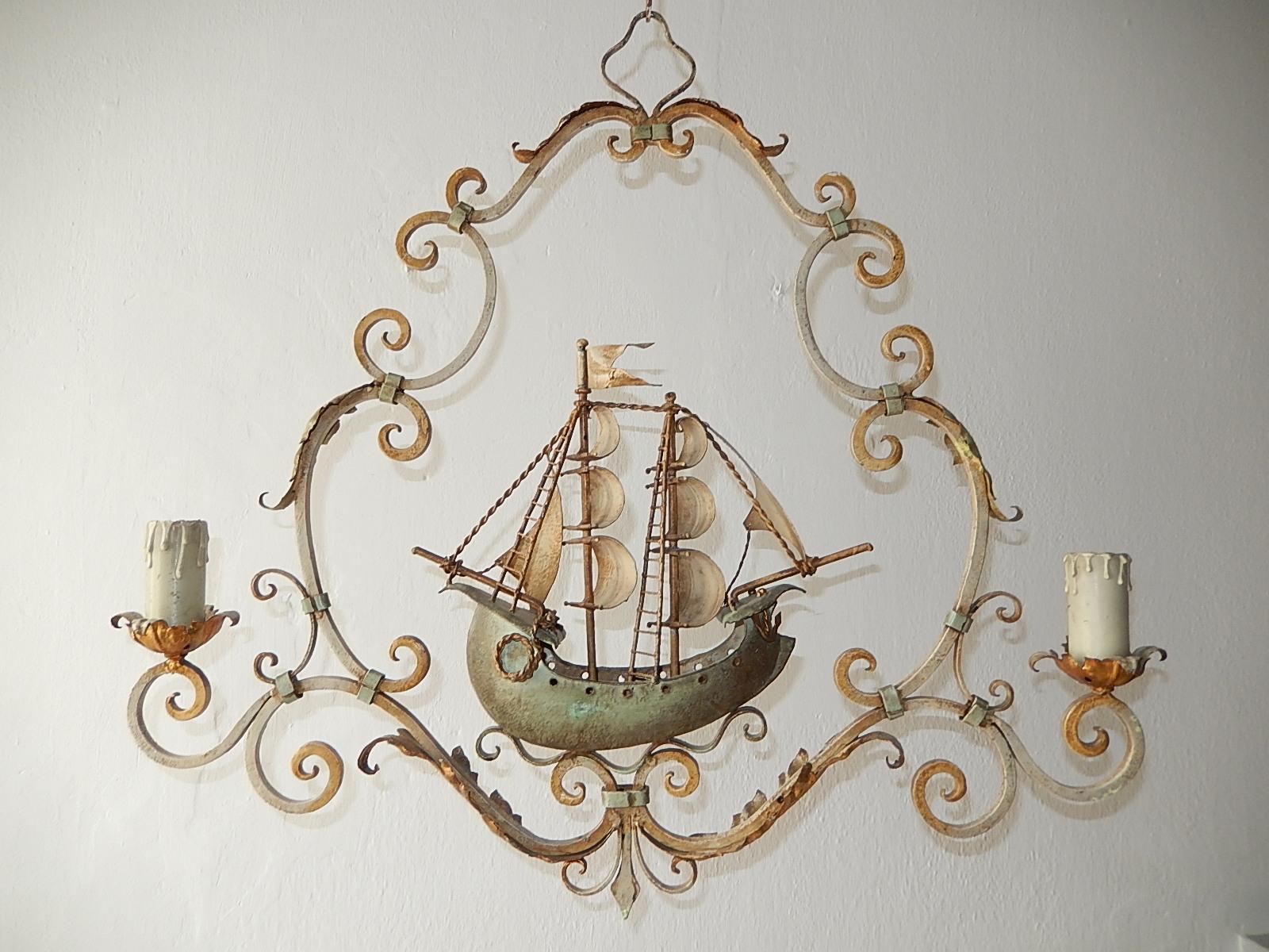 Housing two-light. Rewired and ready to hang. Original rare cream and green color on tole and wrought iron. Nice details, down to the anchor. Free priority shipping from Italy. Adding another 15 inches of original chain and canopy.