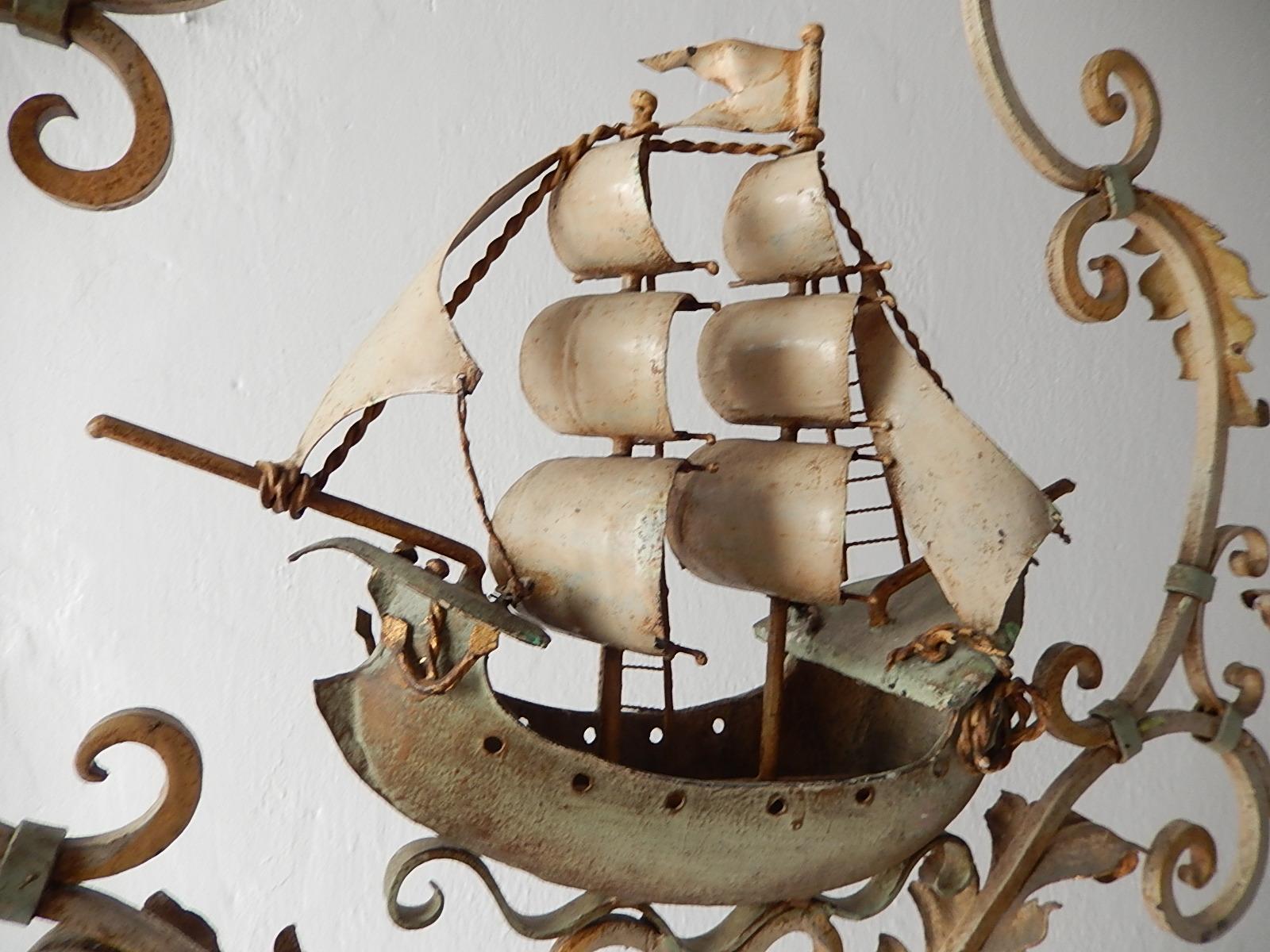 Early 20th Century Nautical Sailing Boat Ship Chandelier, Cream and Green, circa 1900