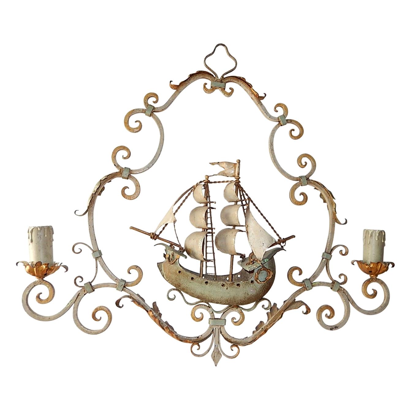 Nautical Sailing Boat Ship Chandelier, Cream and Green, circa 1900