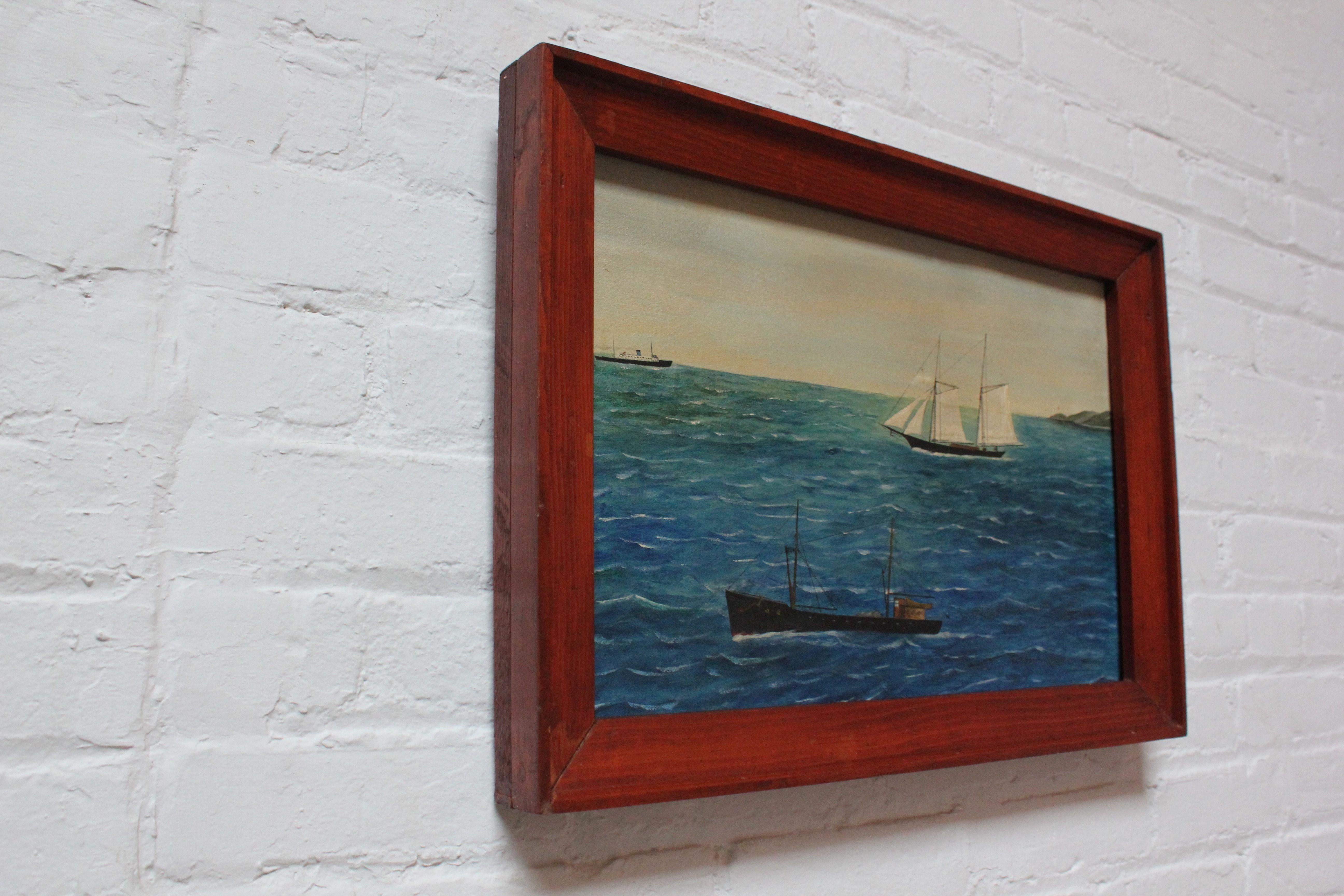 Nautical oil on canvas featuring three ships on the calm seas (ca. 1950s, USA). Few spots of discoloration present to the frame, as shown. Canvas is in fine, vintage condition.
Unsigned.
Framed: H: 15
