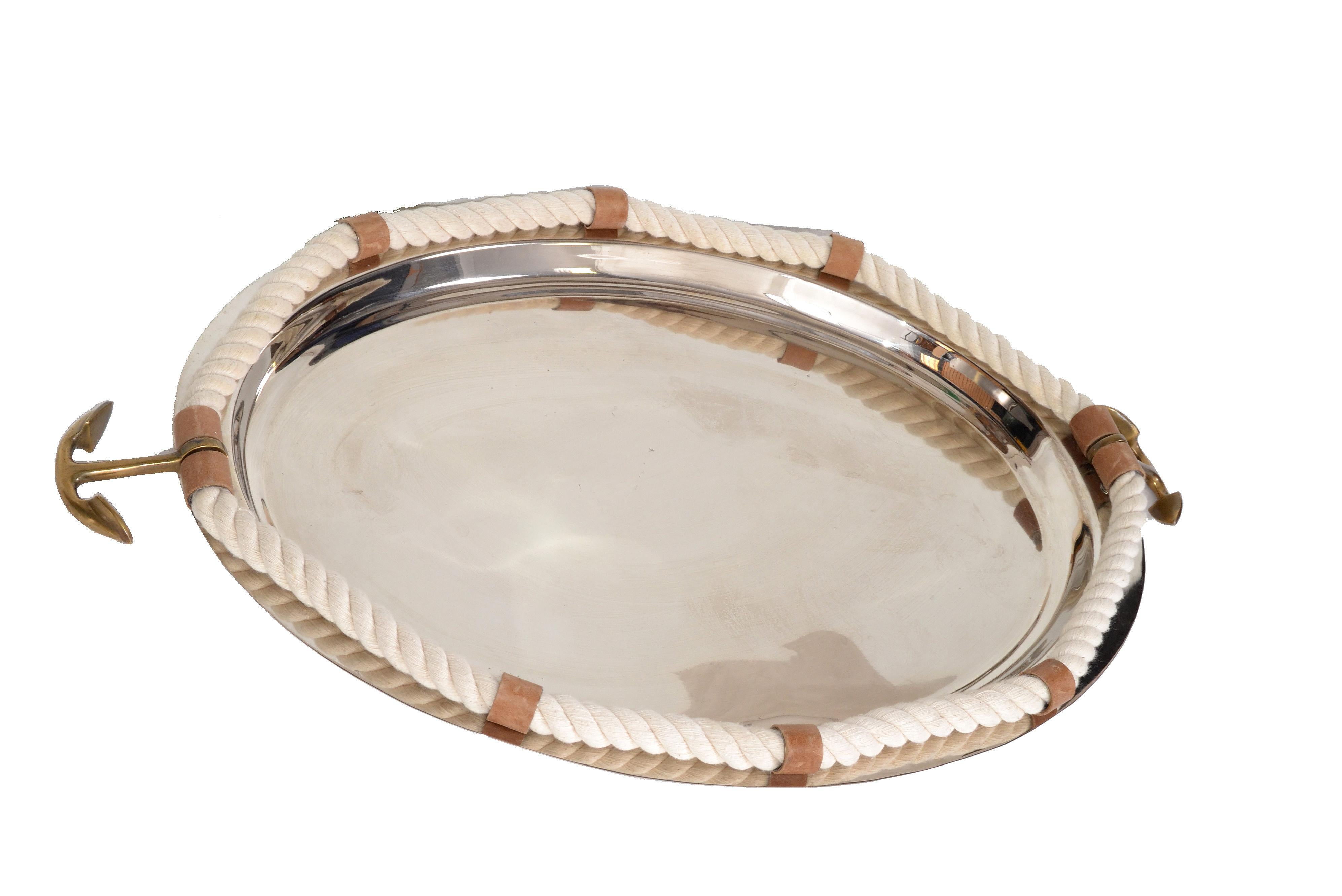 20th Century Nautical Serving Tray Inox Stainless Steel Leather Rope and Bronze Anchor Decor