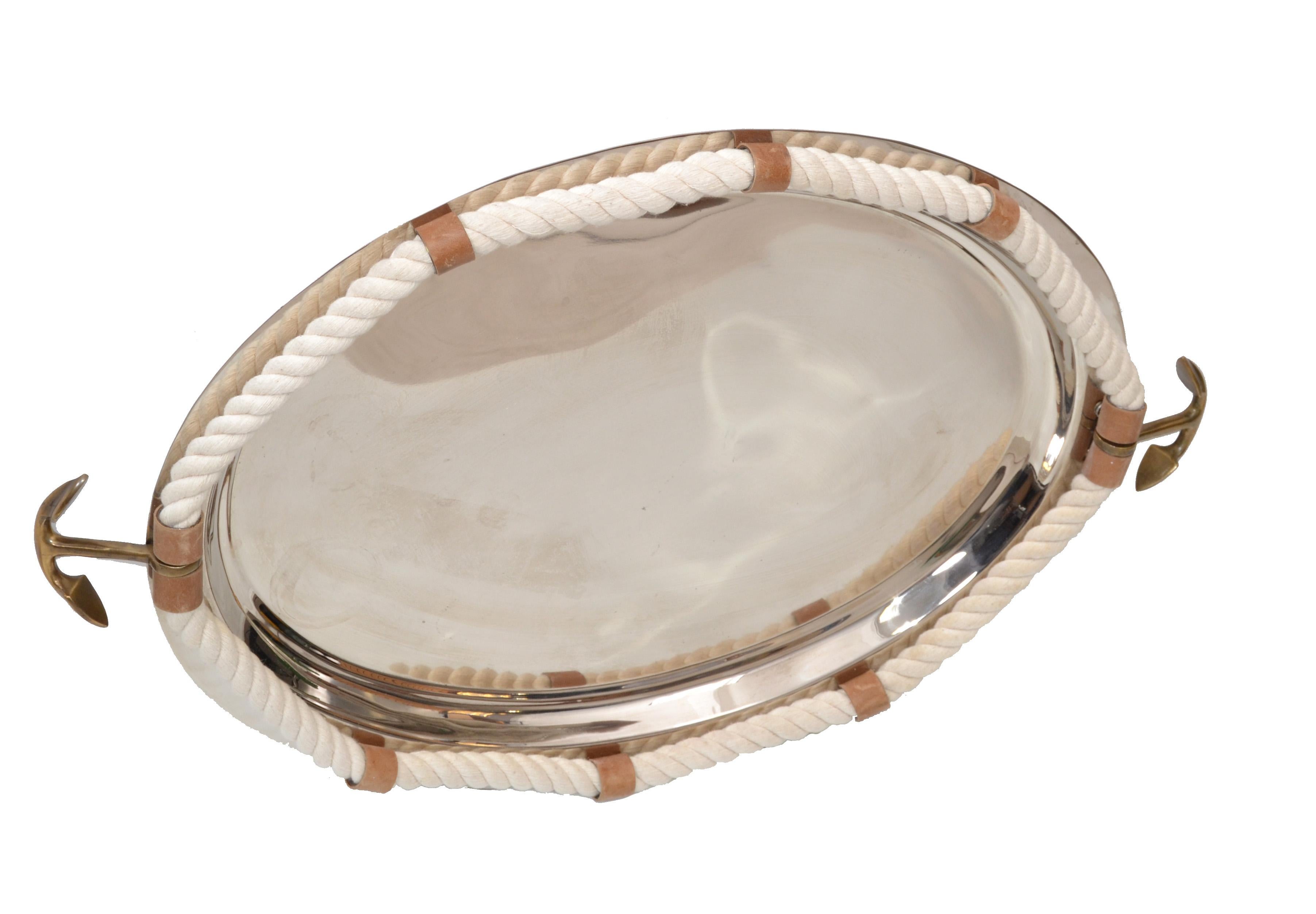 Nautical Serving Tray Inox Stainless Steel Leather Rope and Bronze Anchor Decor 1