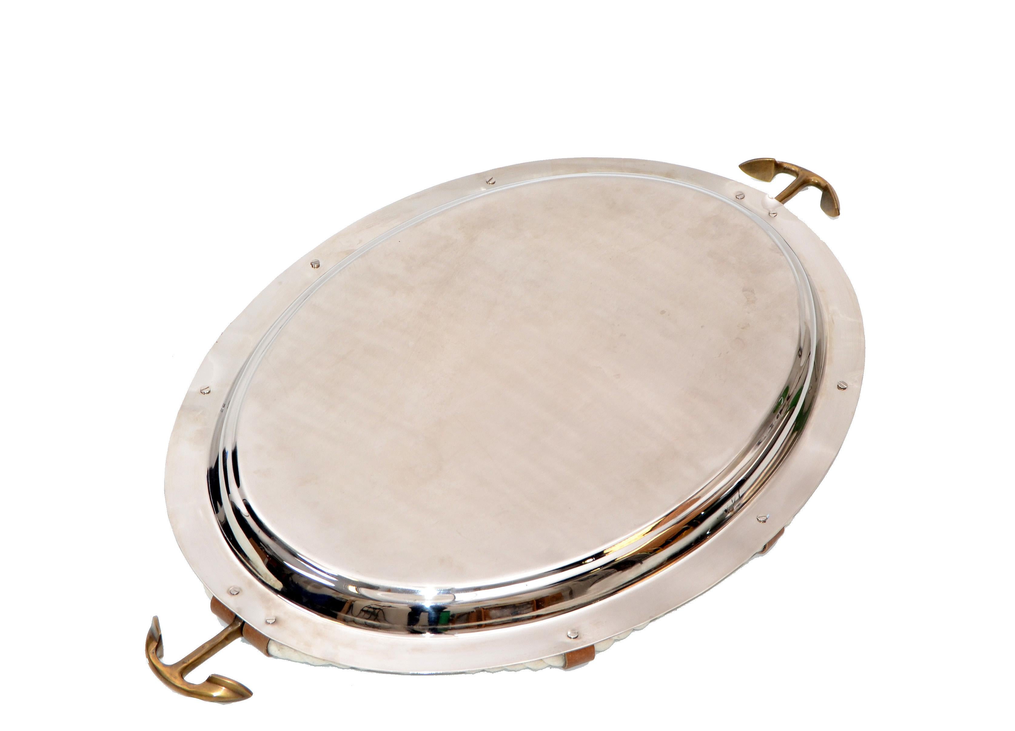 Nautical Serving Tray Inox Stainless Steel Leather Rope and Bronze Anchor Decor 2