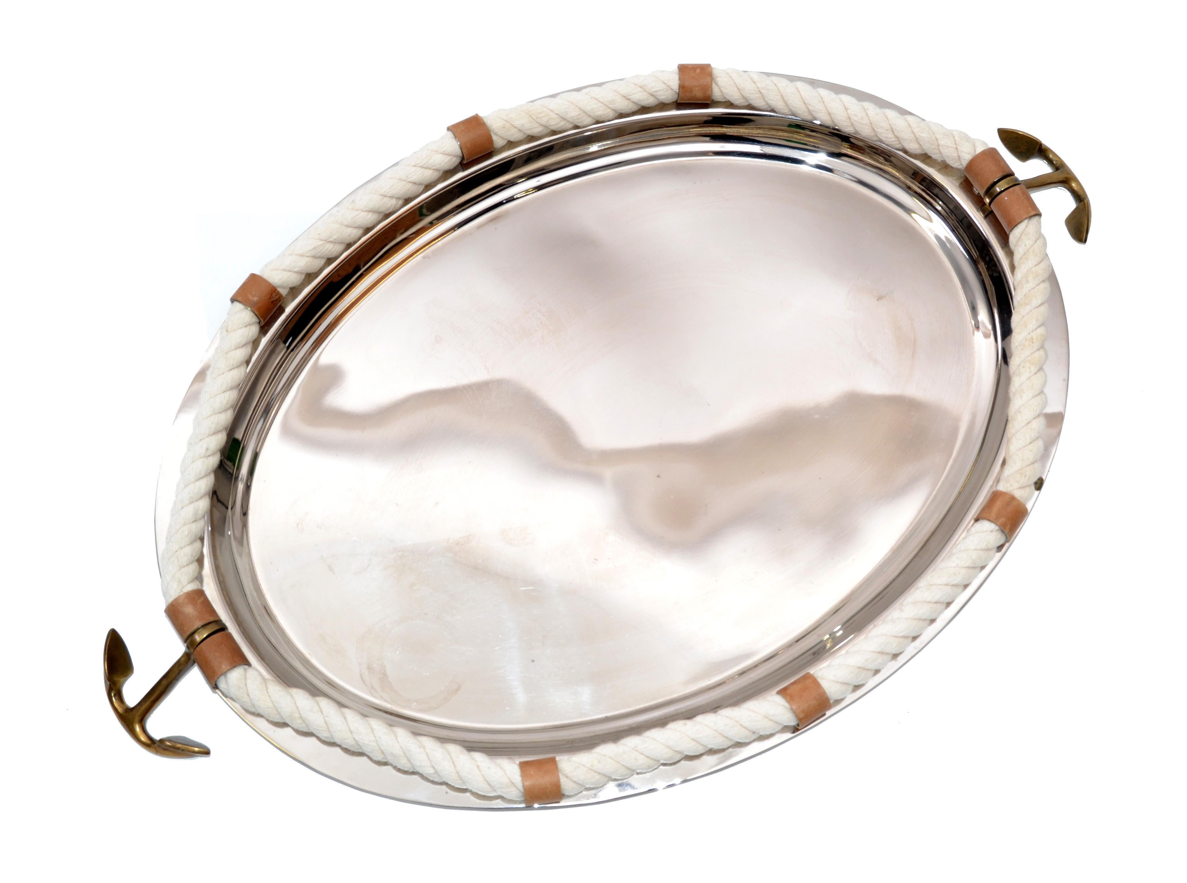 Nautical Serving Tray Inox Stainless Steel Leather Rope and Bronze Anchor Decor 3