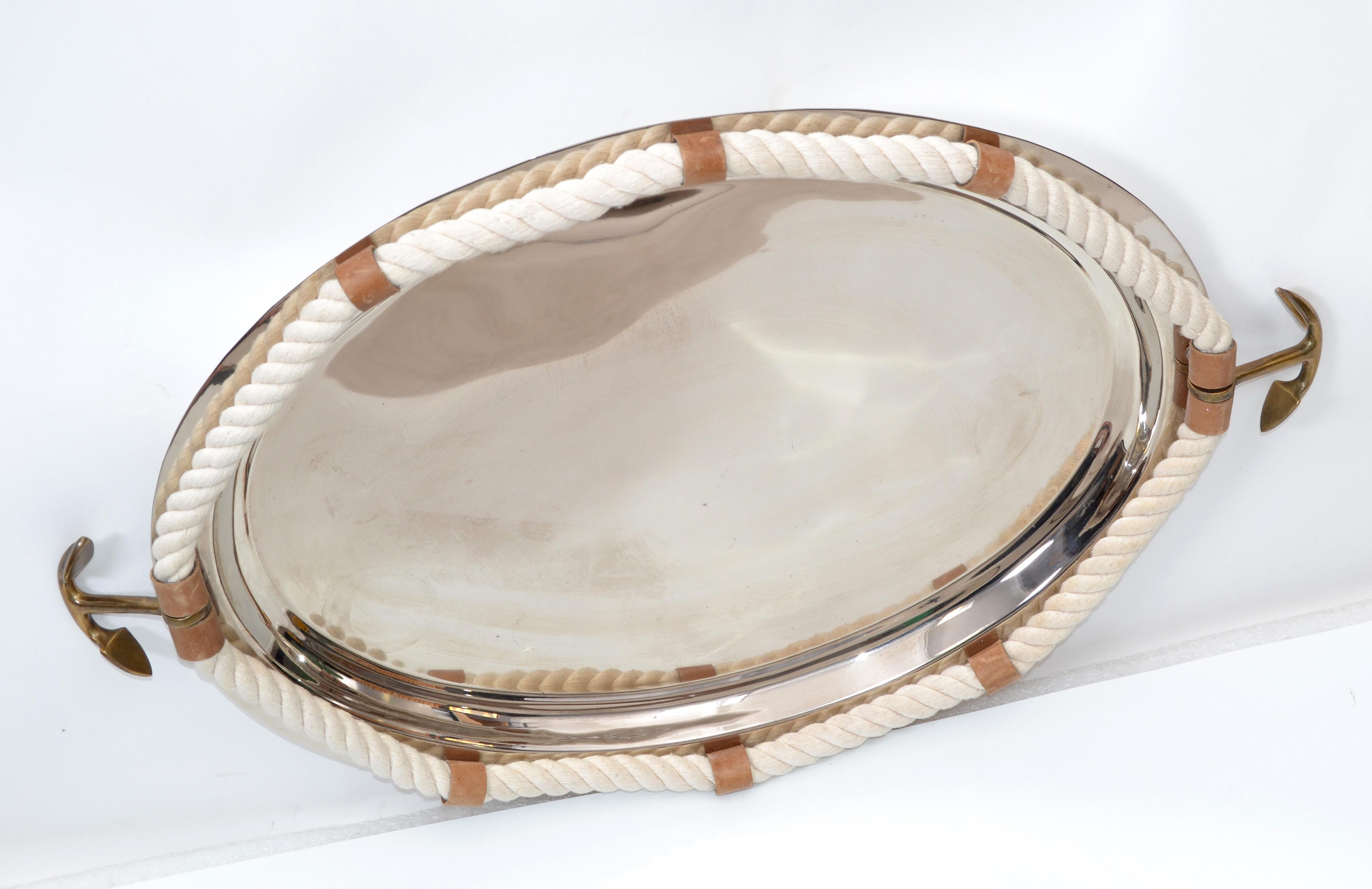 Folk Art Nautical Serving Tray Inox Stainless Steel Leather Rope and Bronze Anchor Decor