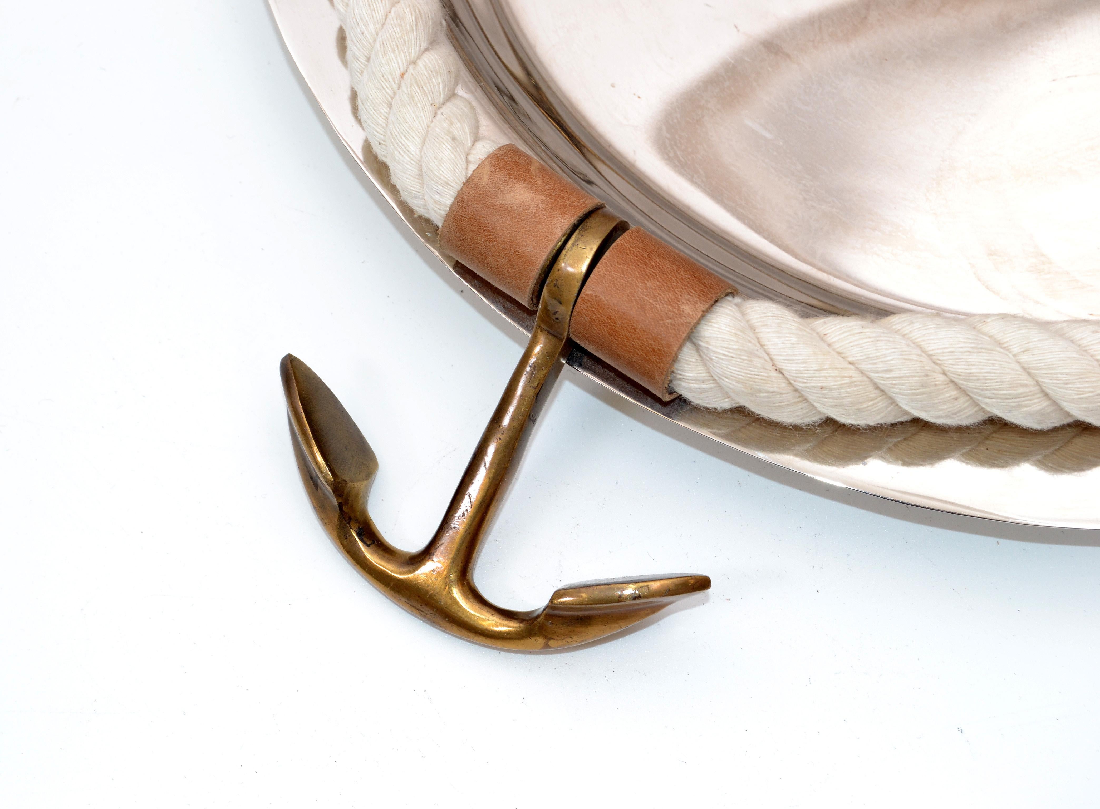 American Nautical Serving Tray Inox Stainless Steel Leather Rope and Bronze Anchor Decor