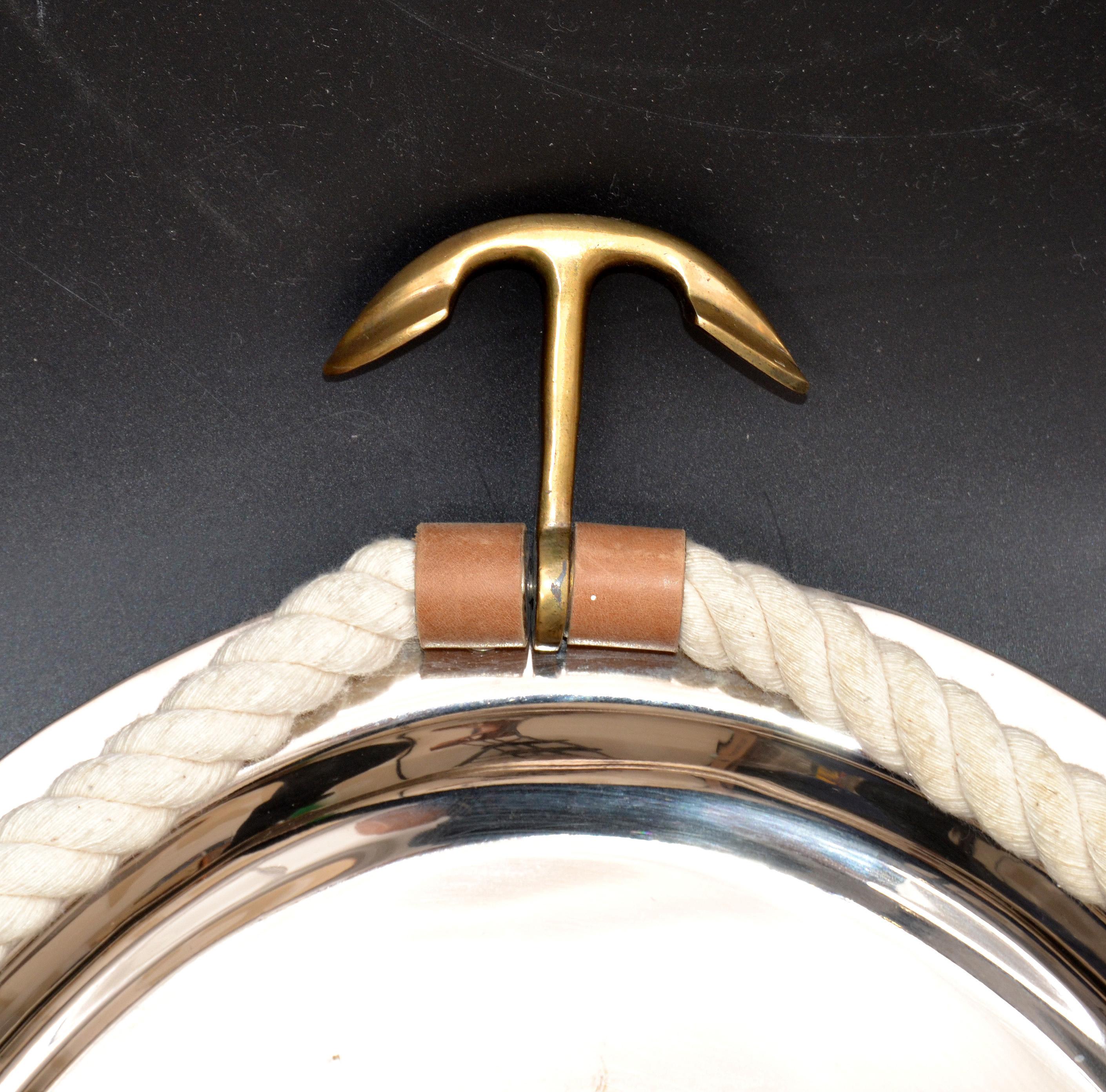Patinated Nautical Serving Tray Inox Stainless Steel Leather Rope and Bronze Anchor Decor