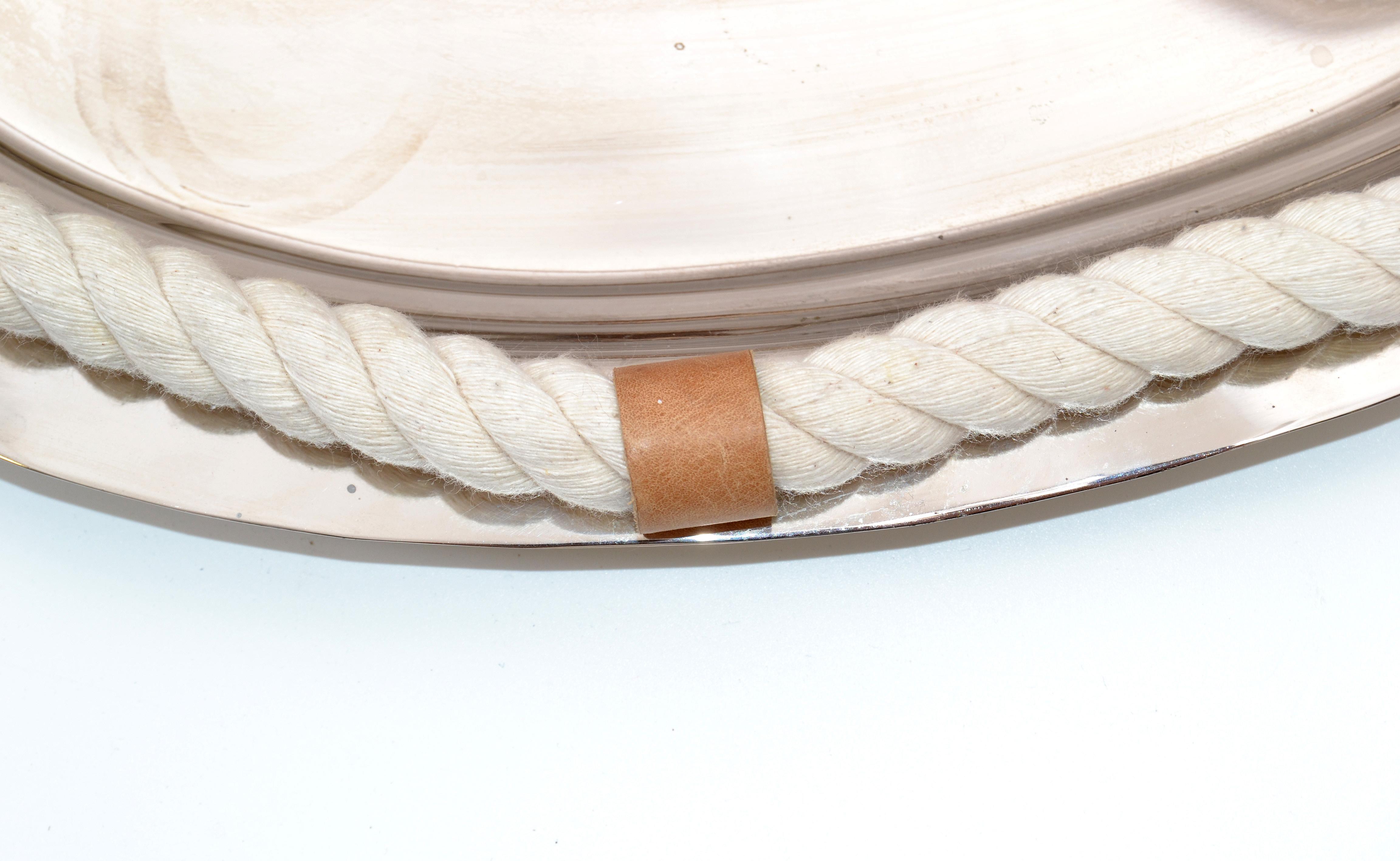 Nautical Serving Tray Inox Stainless Steel Leather Rope and Bronze Anchor Decor In Good Condition In Miami, FL
