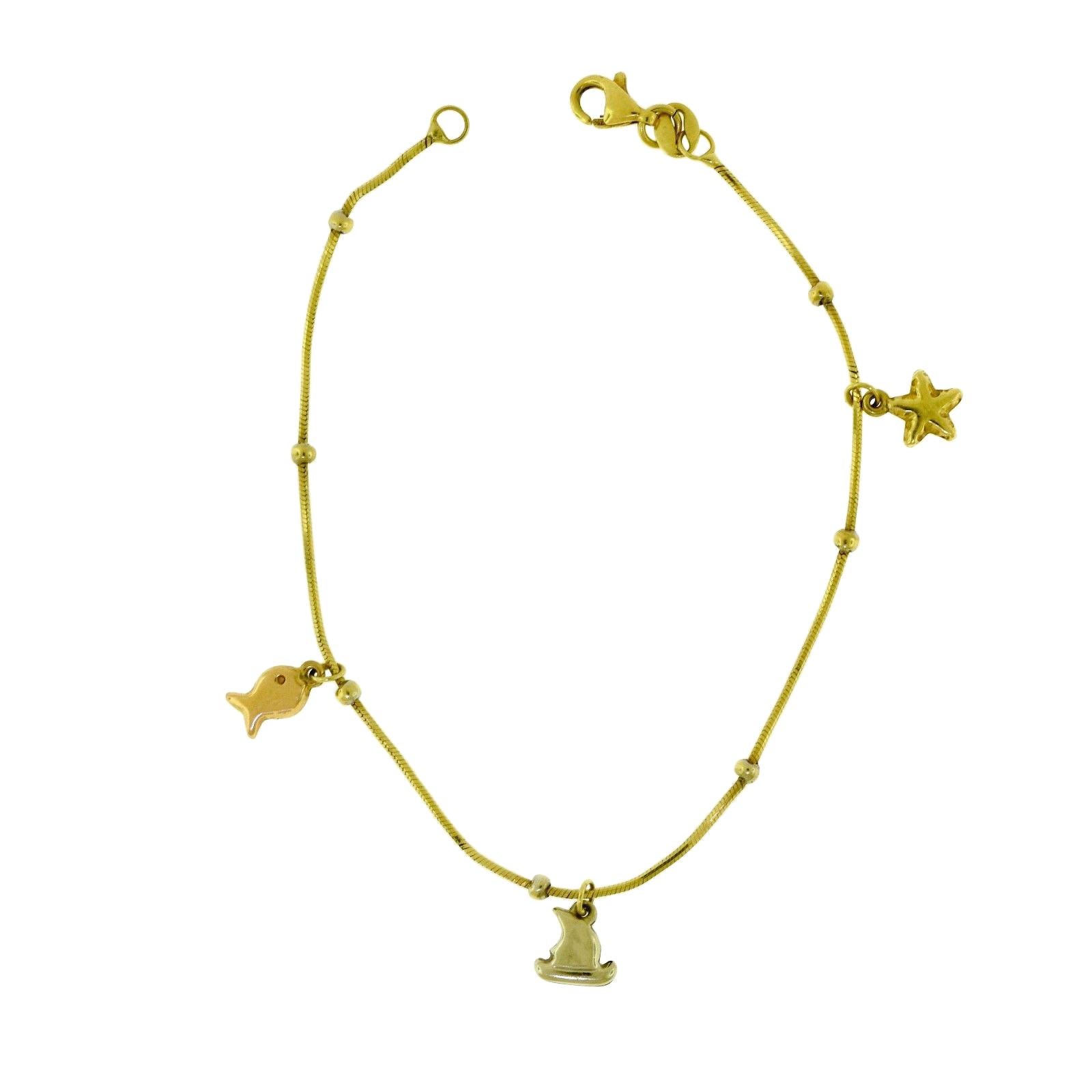 Nautical Shark Fin, Fish, and Starfish Yellow Gold Charm Bracelet