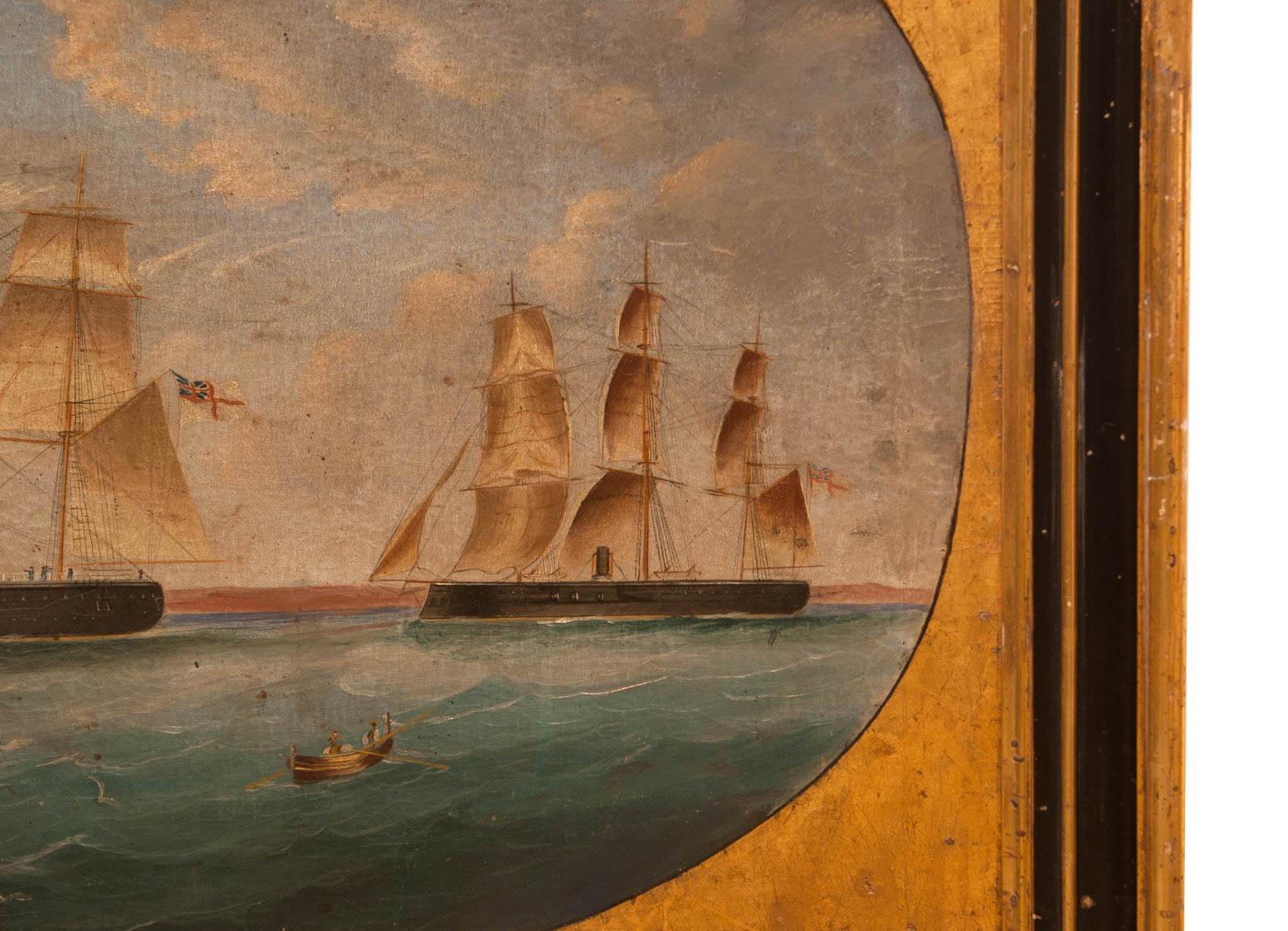 A nautical painting of two British ships with steam and sail power, England, late 19th century. Apparently unsigned and in an antique frame. Very nice detail with fairly rare transitional paintings of steam and sail powered large ships.

      