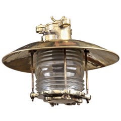 Vintage Nautical Ship's Brass Pendant Light with Fresnel Lens, Late 1970s