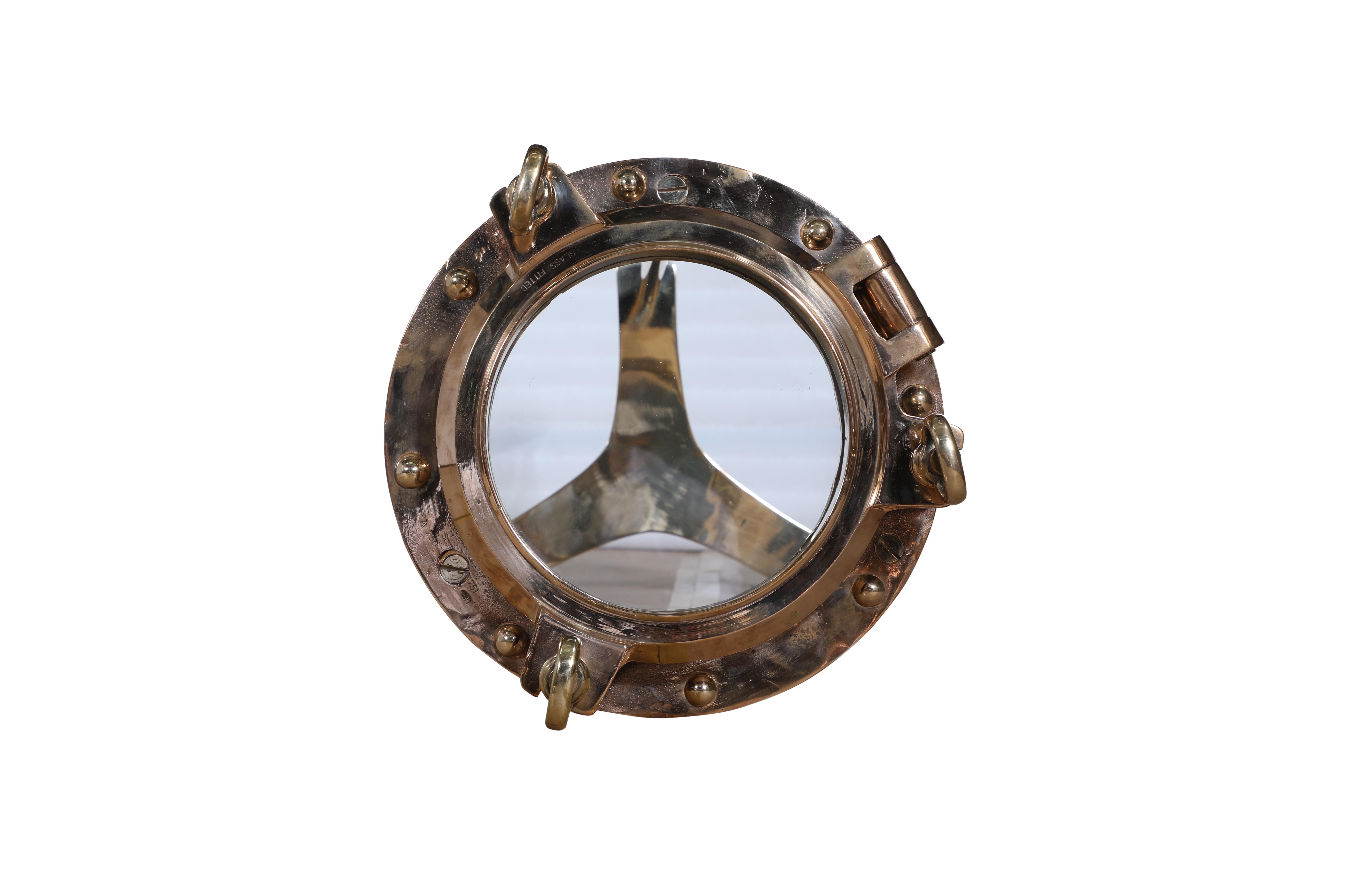 Nautical Ship's Bronze Porthole Converted to Side Table. Industrial Marine In Good Condition For Sale In Nantucket, MA