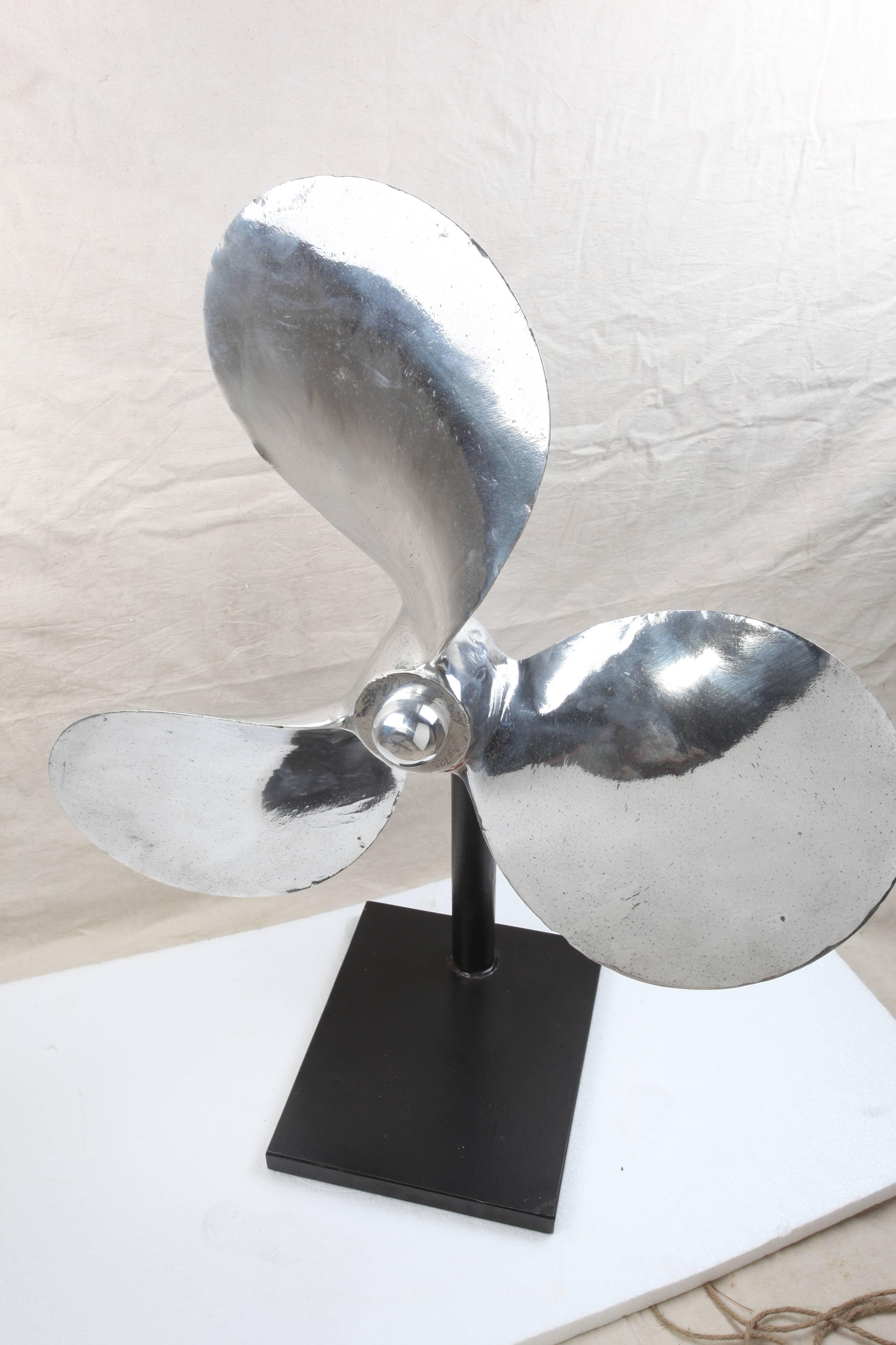 Industrial Nautical Ship's Chrome Propeller on Custom Stand, Midcentury Sculpture
