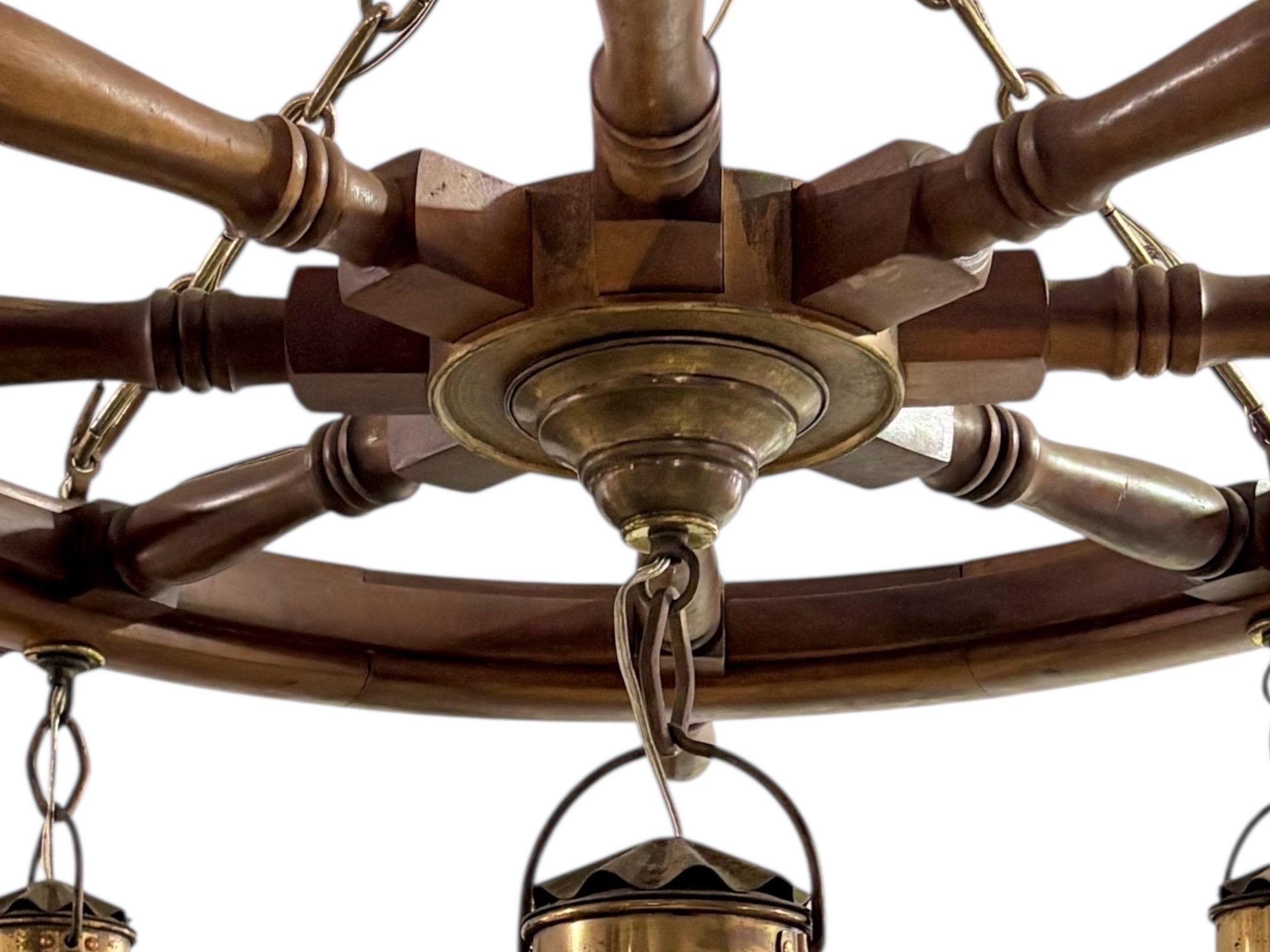 Nautical Ship's Wheel Chandelier In Good Condition For Sale In Bradenton, FL