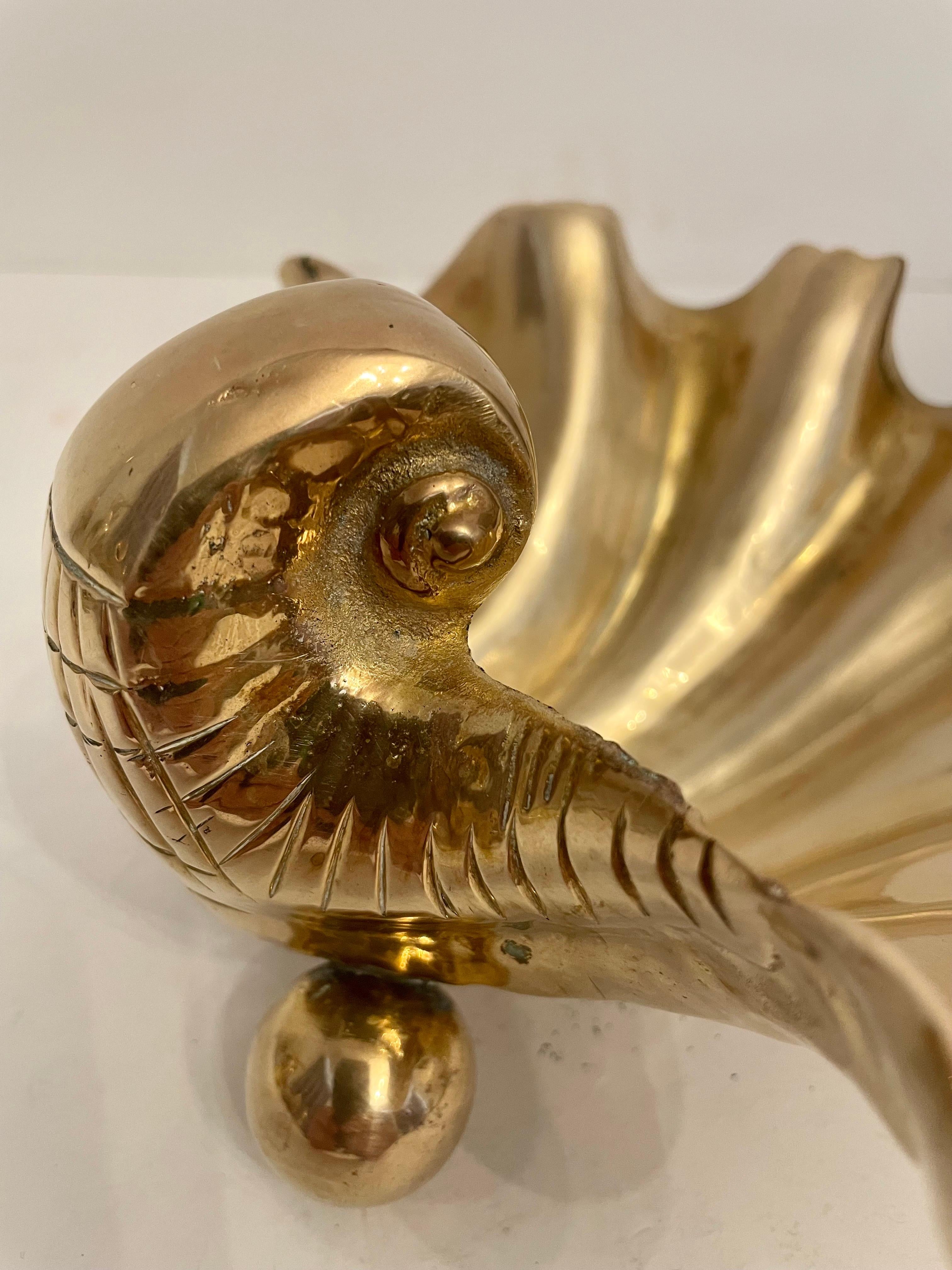 Hollywood Regency Nautical Solid Brass Seashell Bookends For Sale