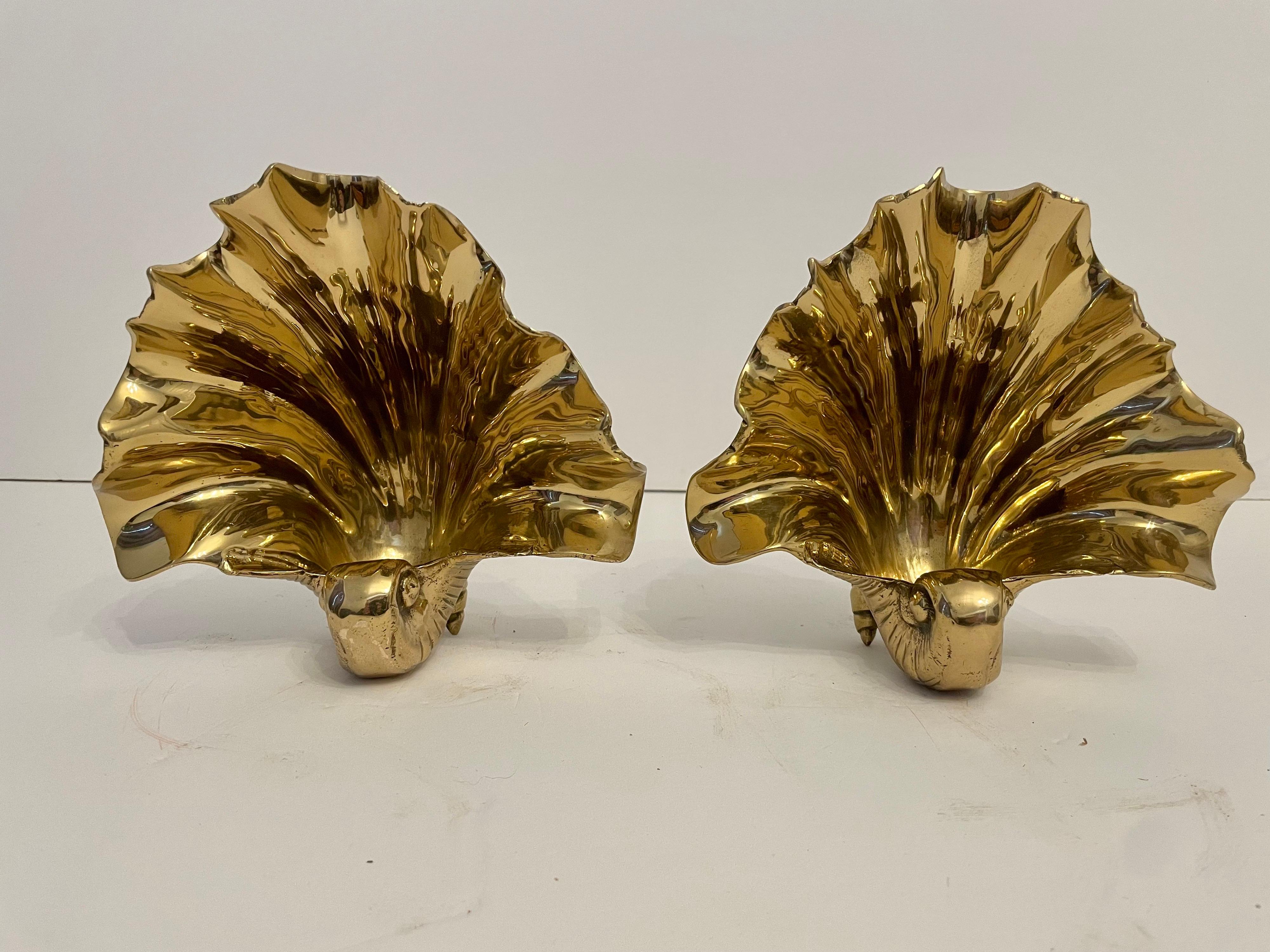 Hollywood Regency Nautical Solid Brass Seashell Bookends For Sale