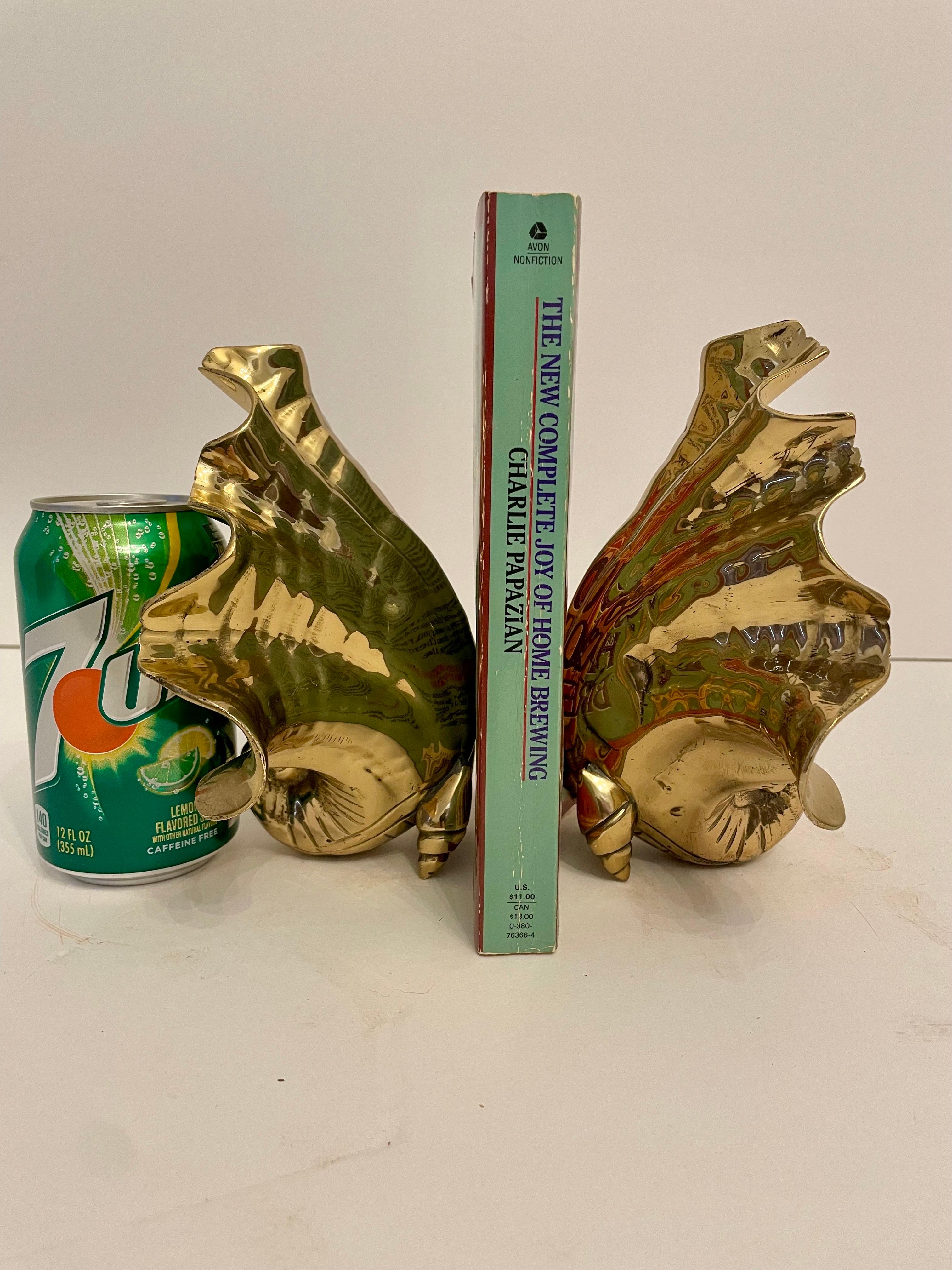 Nautical Solid Brass Seashell Bookends In Good Condition For Sale In New York, NY