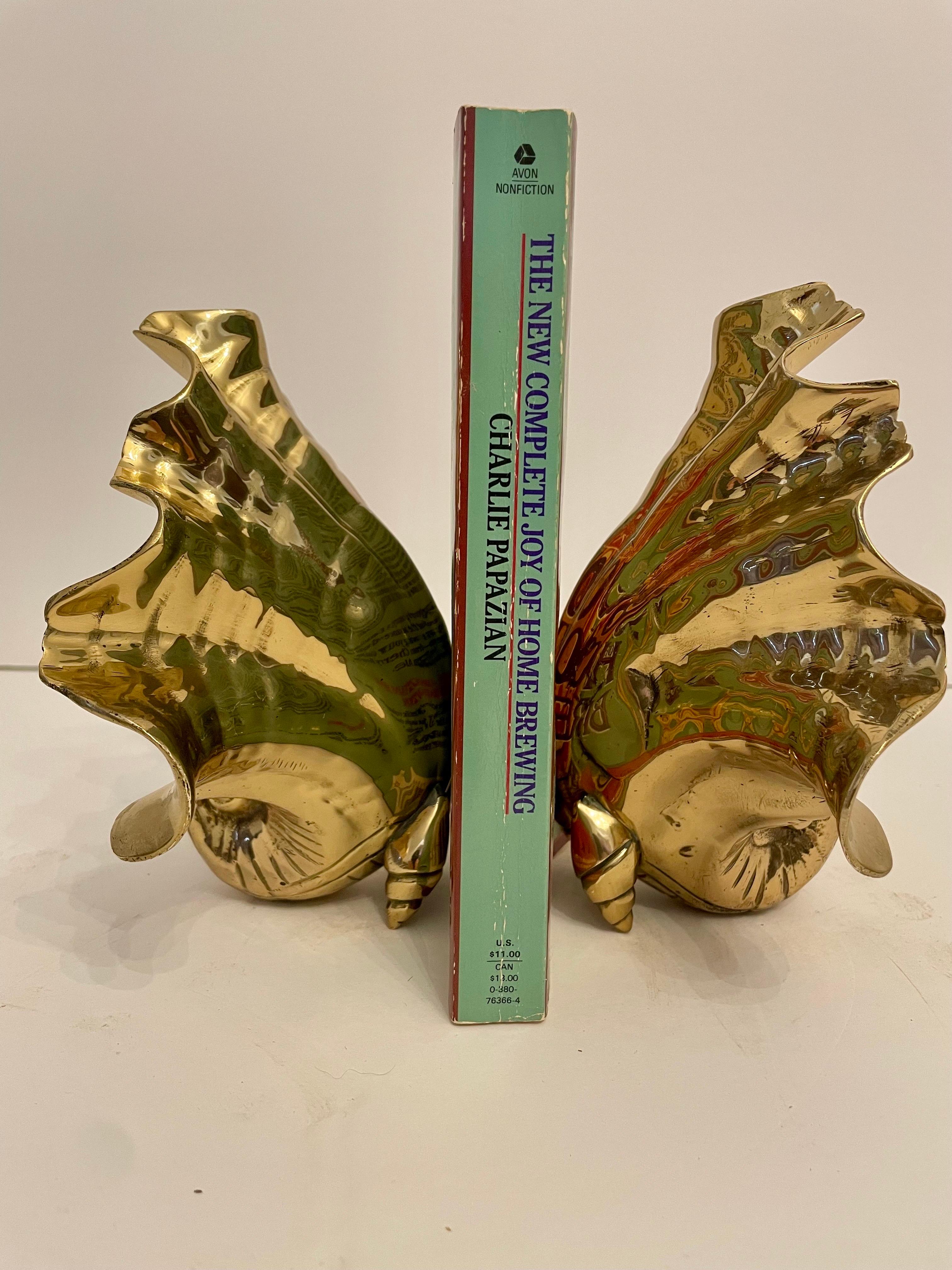 20th Century Nautical Solid Brass Seashell Bookends For Sale