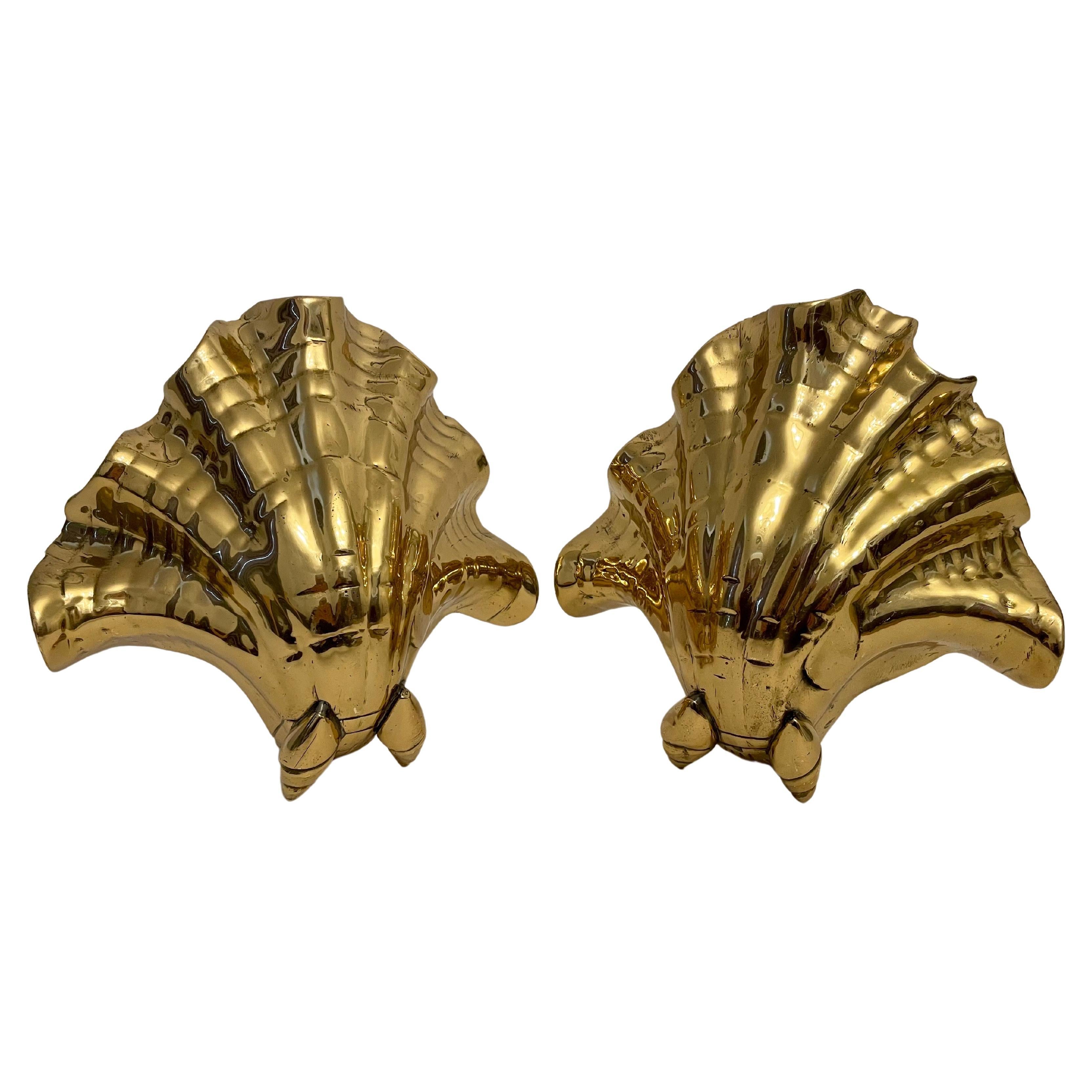 Nautical Solid Brass Seashell Bookends For Sale