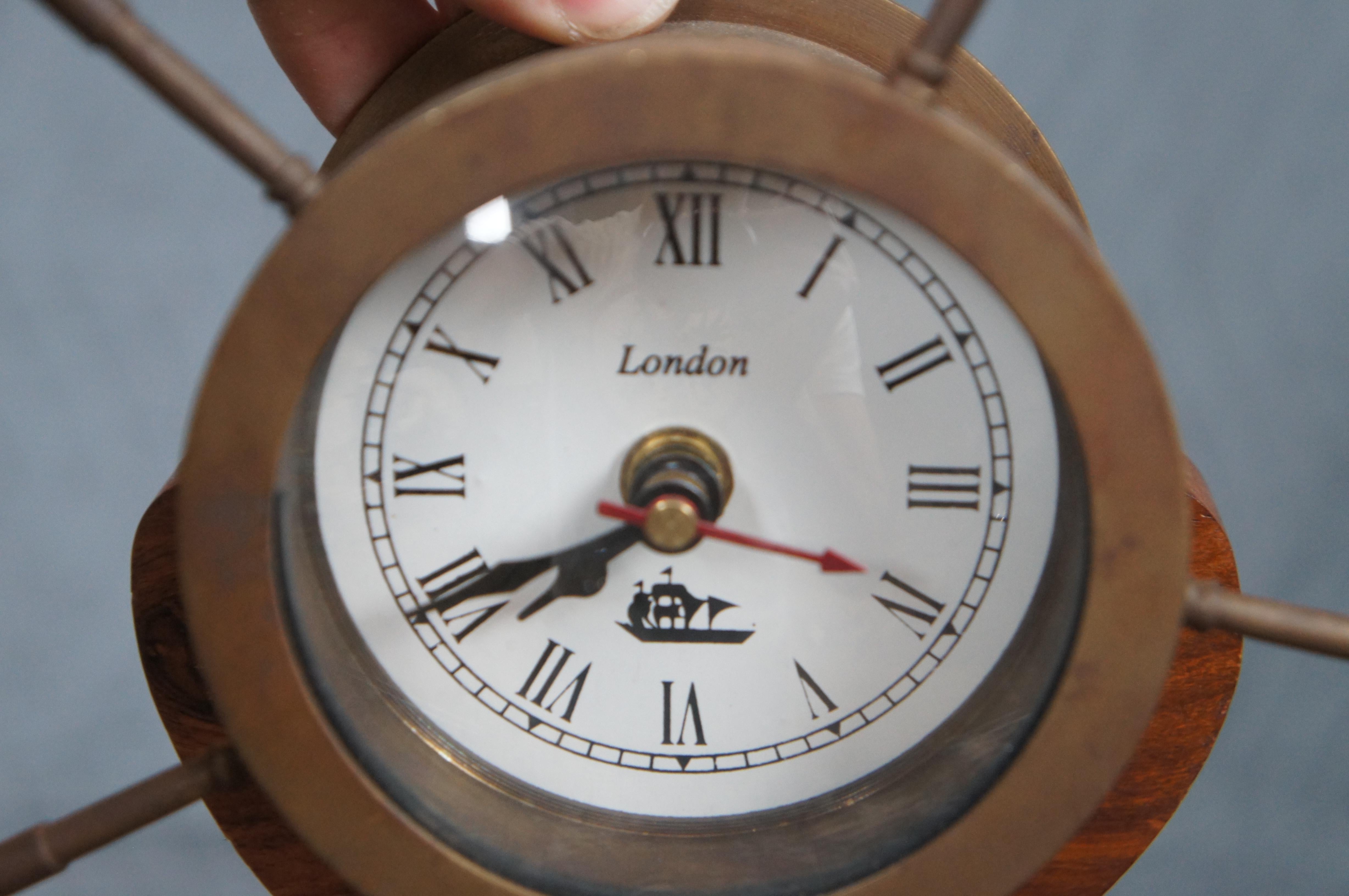 20th Century Nautical Solid Brass Ship Wheel Clock on Wooden Pulley Maritime Display London