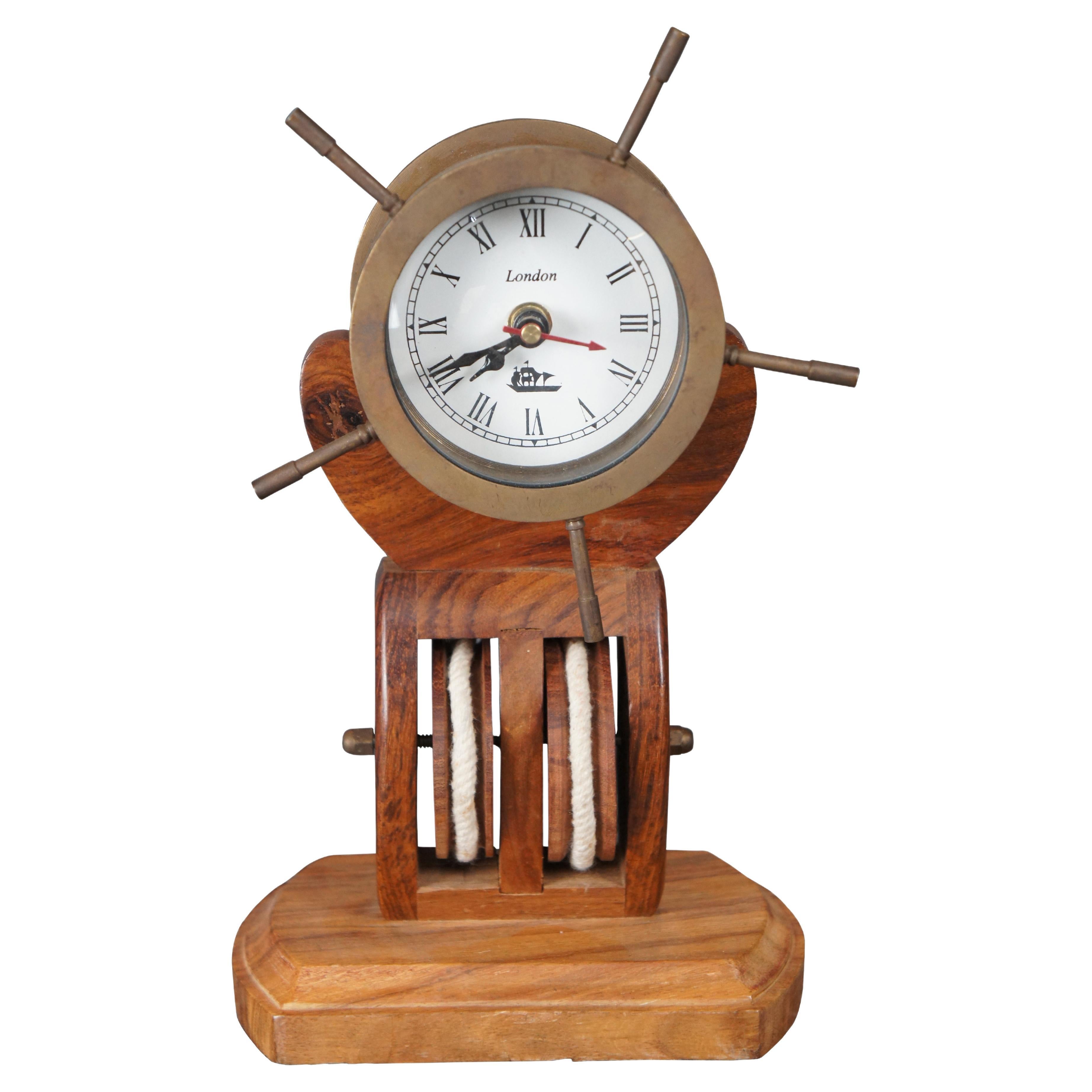 Nautical Solid Brass Ship Wheel Clock on Wooden Pulley Maritime Display London