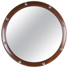 Large Teak and Chrome Ship's Stateroom Nautical Mirror