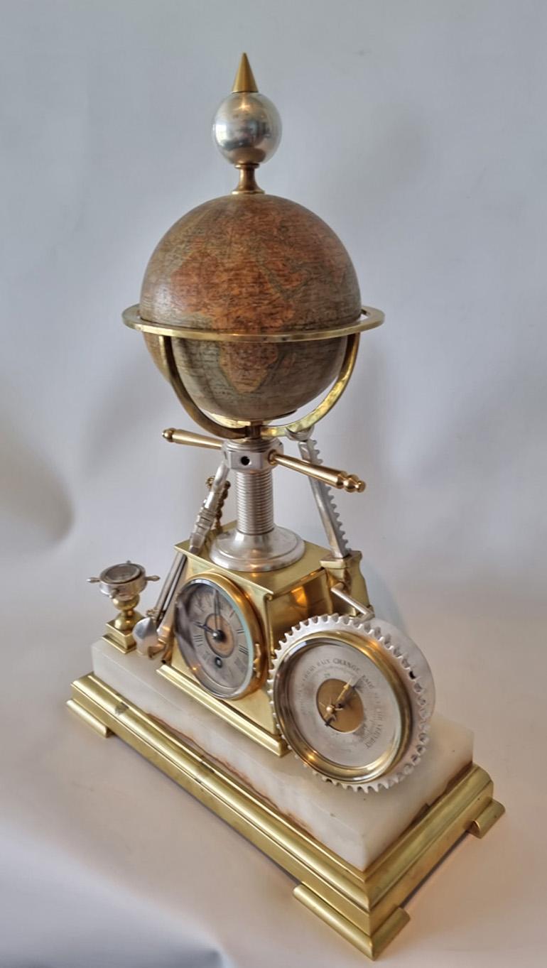 French Nautical themed Desk Compendium Industrial rotating Globe Clock  For Sale