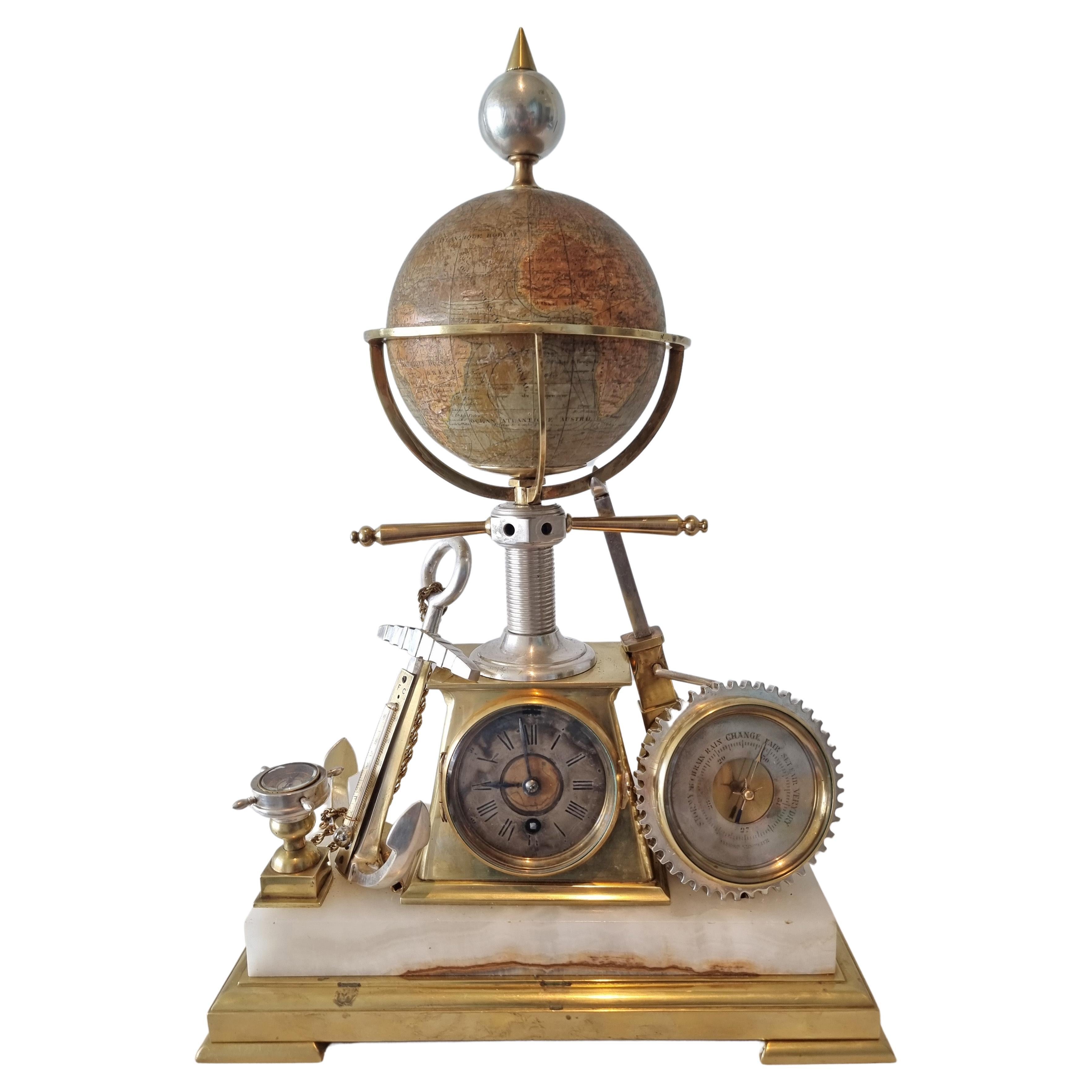 Nautical themed Desk Compendium Industrial rotating Globe Clock  For Sale
