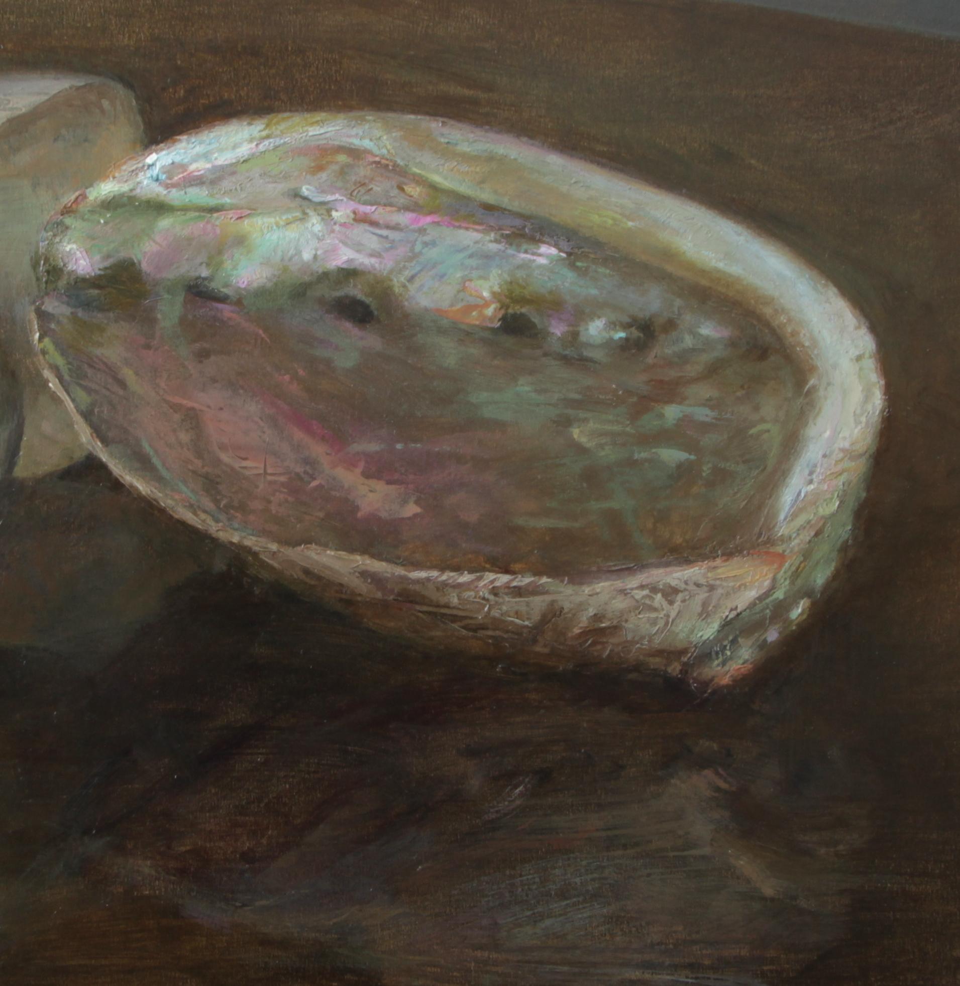 Modern Nautilus and Abalone, Oil on Panel Still Life Painting with Two Sea Shells