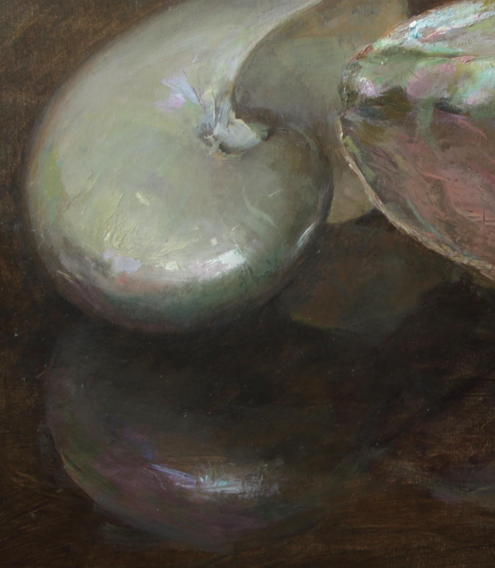 American Nautilus and Abalone, Oil on Panel Still Life Painting with Two Sea Shells