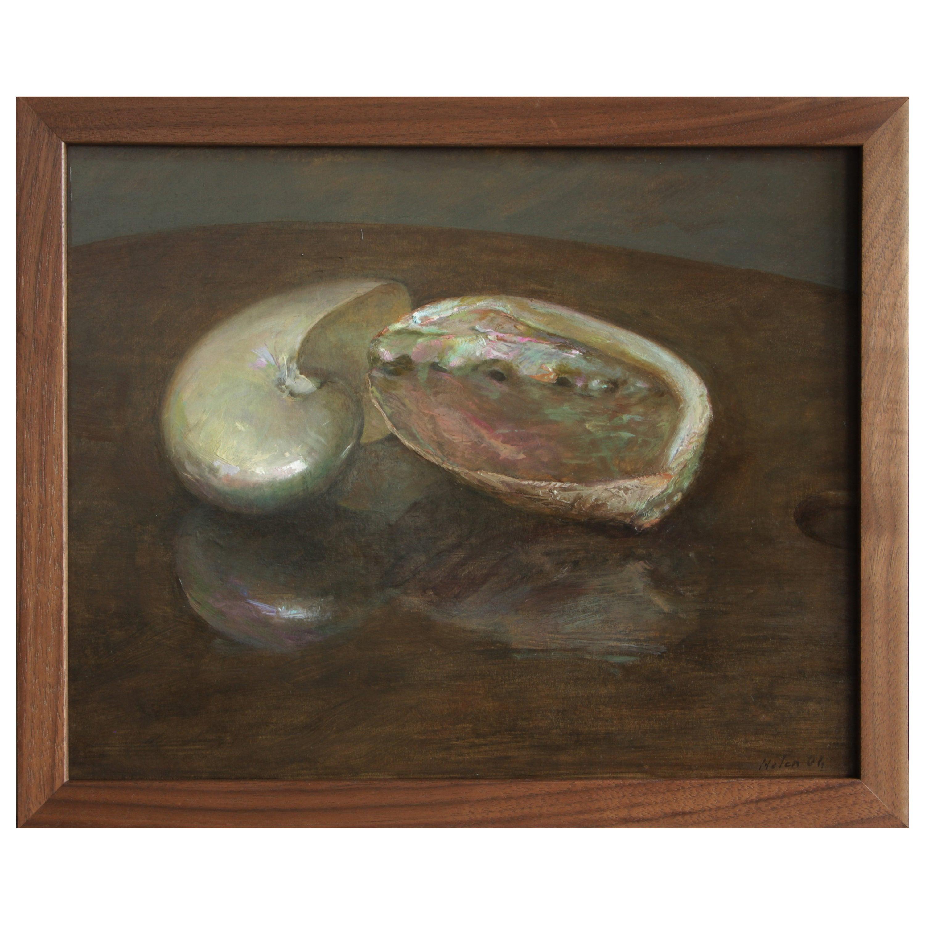 Nautilus and Abalone, Oil on Panel Still Life Painting with Two Sea Shells