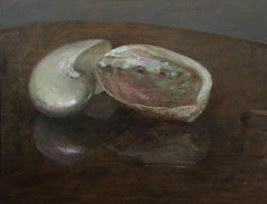 Nautilus and Abalone, Oil on Panel Still Life Painting with Two Sea Shells