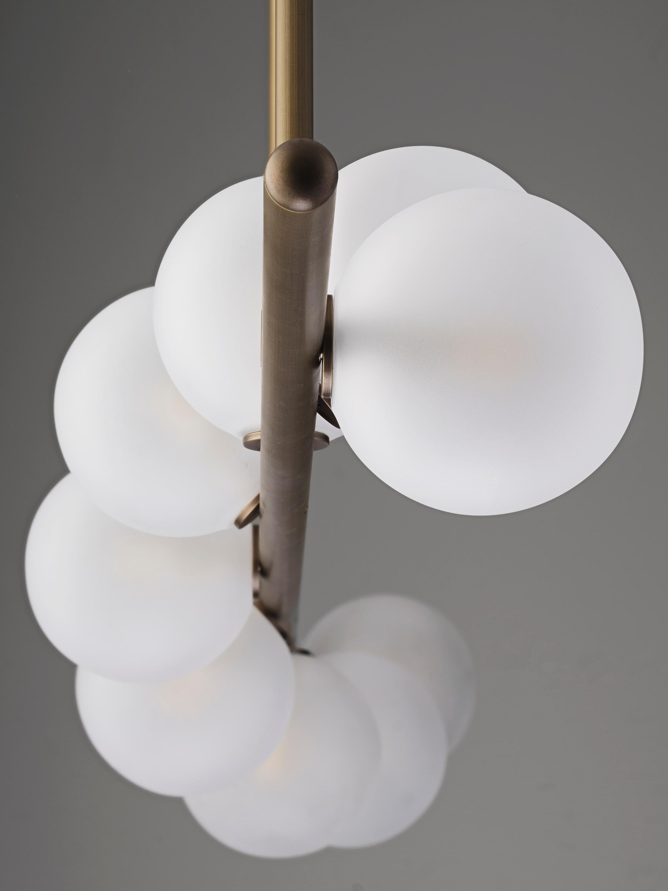 Contemporary Nautilus Chandelier in Natural Brass and Blown Opal Glass by Blueprint Lighting