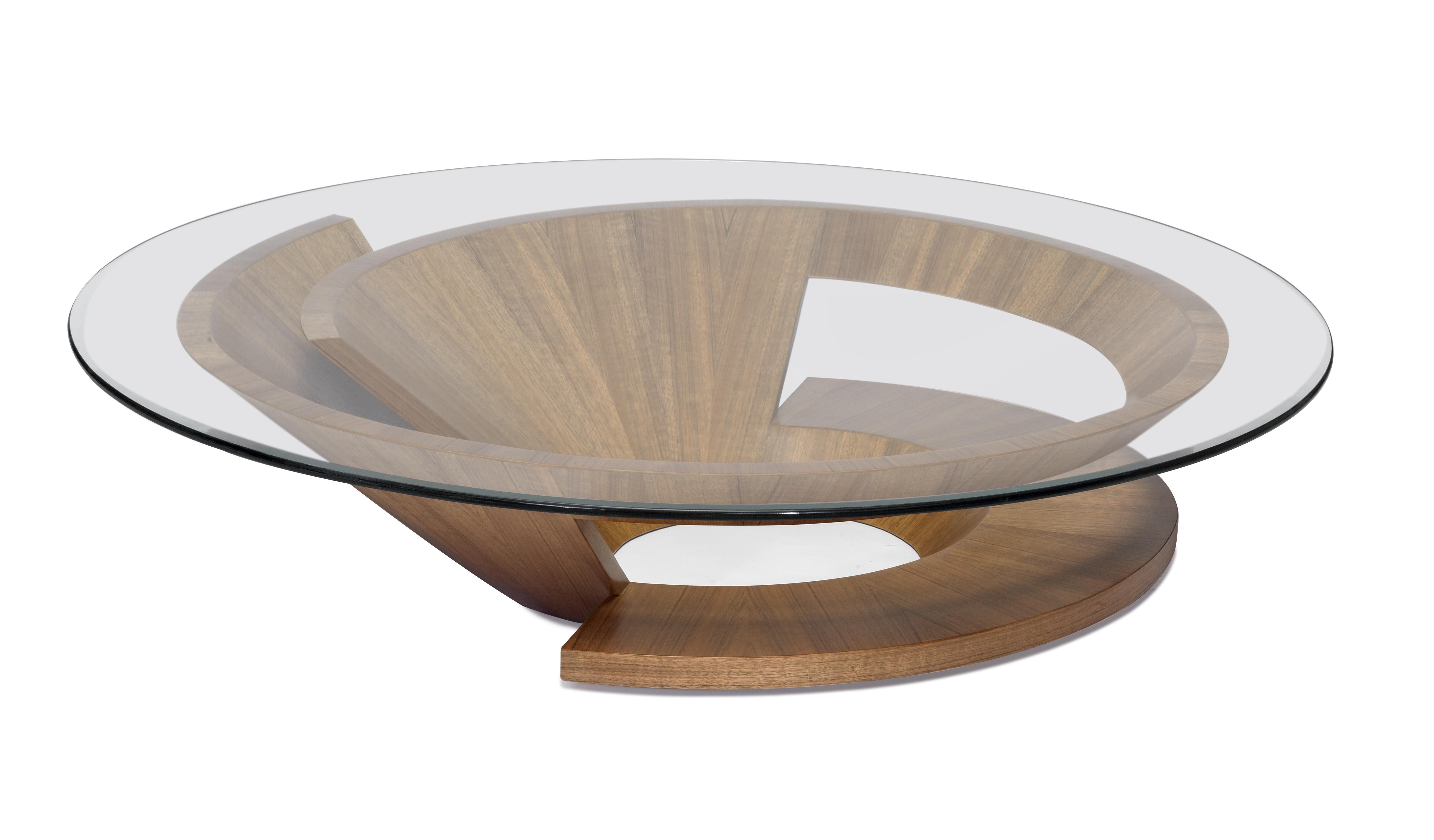 Maurice Barilone's design showcases a high-fashion look with concentric lines of Dao, elegantly crowned with a round glass top. The meticulous arrangement of concentric lines in Dao wood creates a visually captivating shapes that exudes