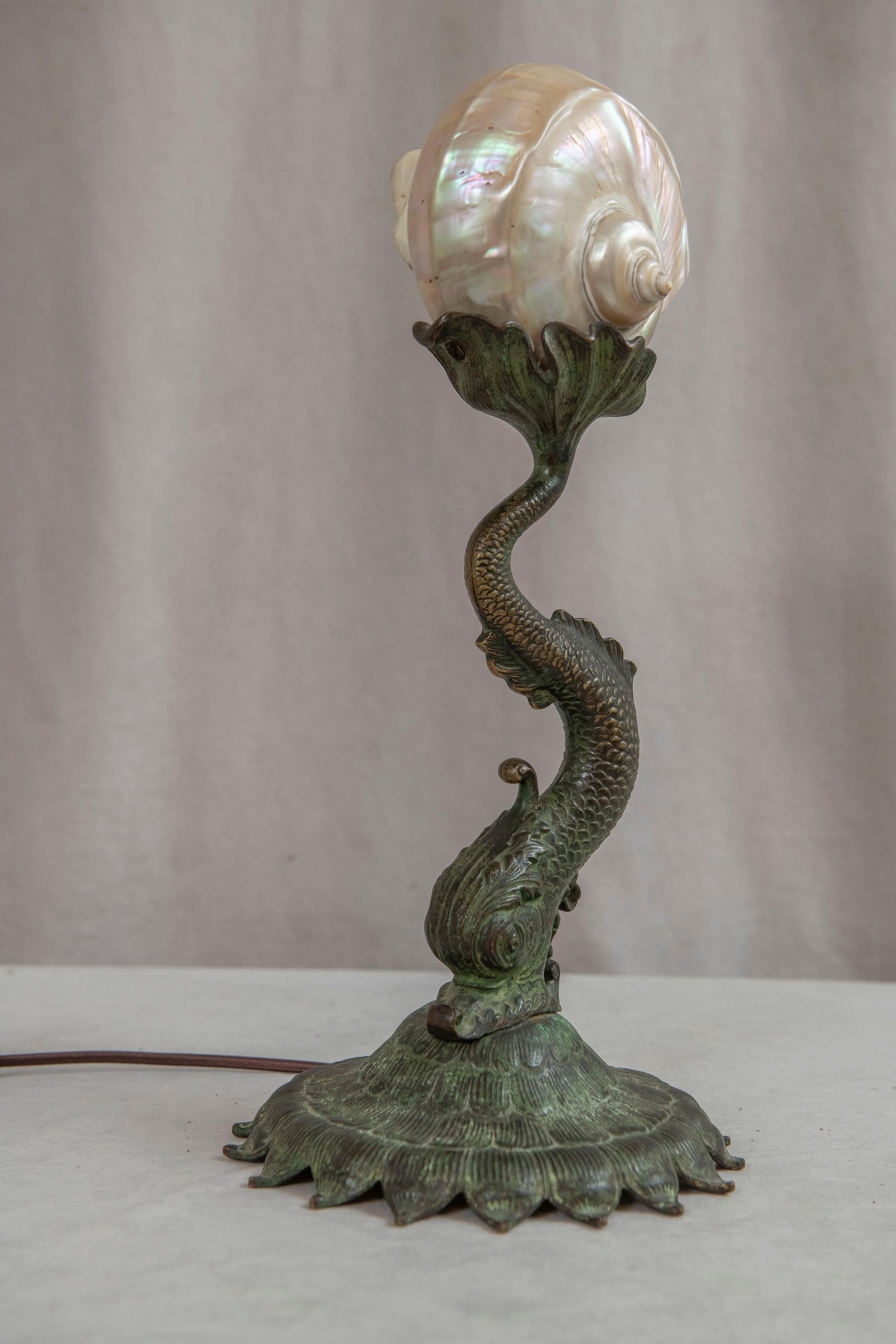 Nautilus Sea Shell Lamp w/ Whimsical Dolphin Bronze Base, French ca. 1900 3