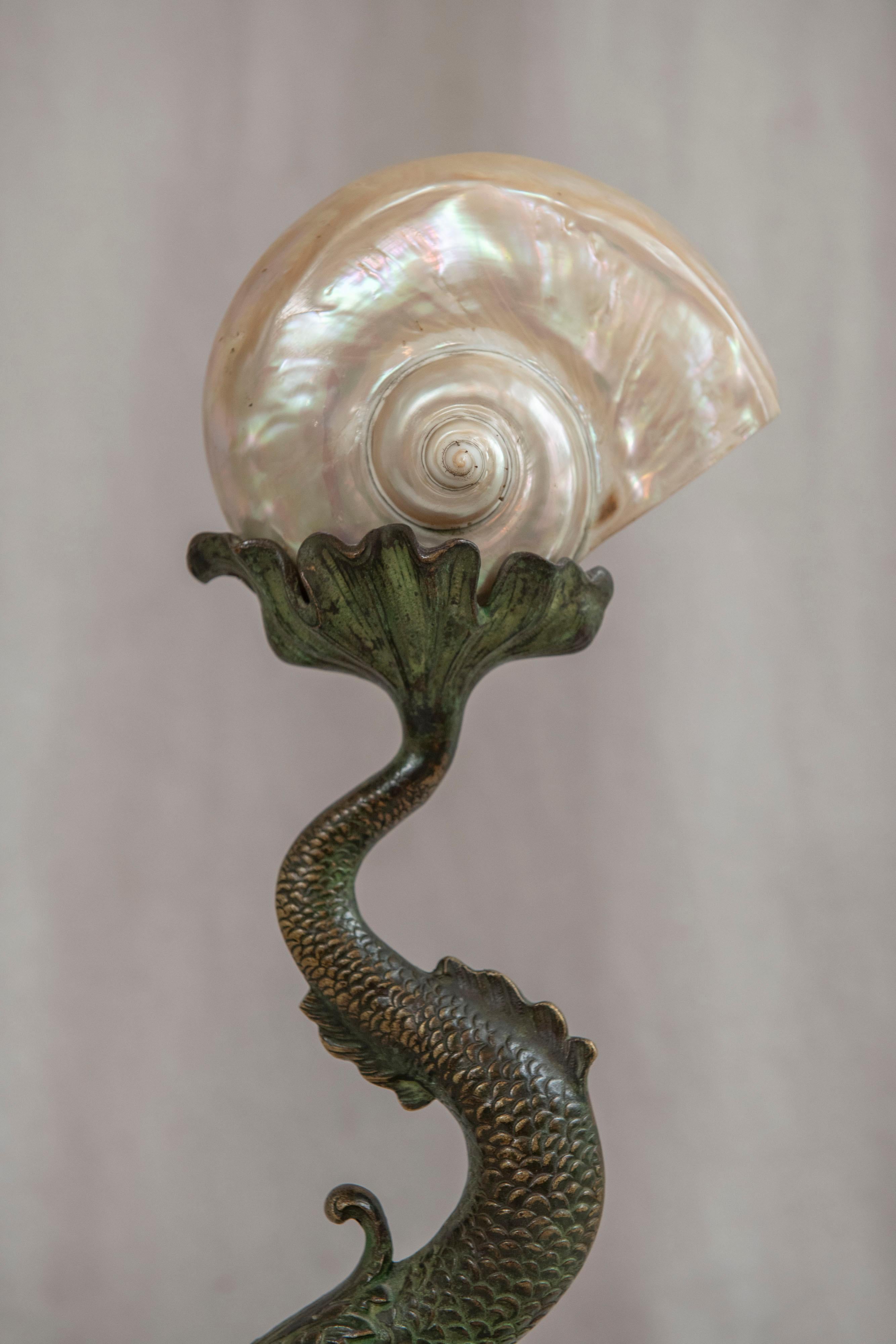 Art Nouveau Nautilus Sea Shell Lamp w/ Whimsical Dolphin Bronze Base, French ca. 1900