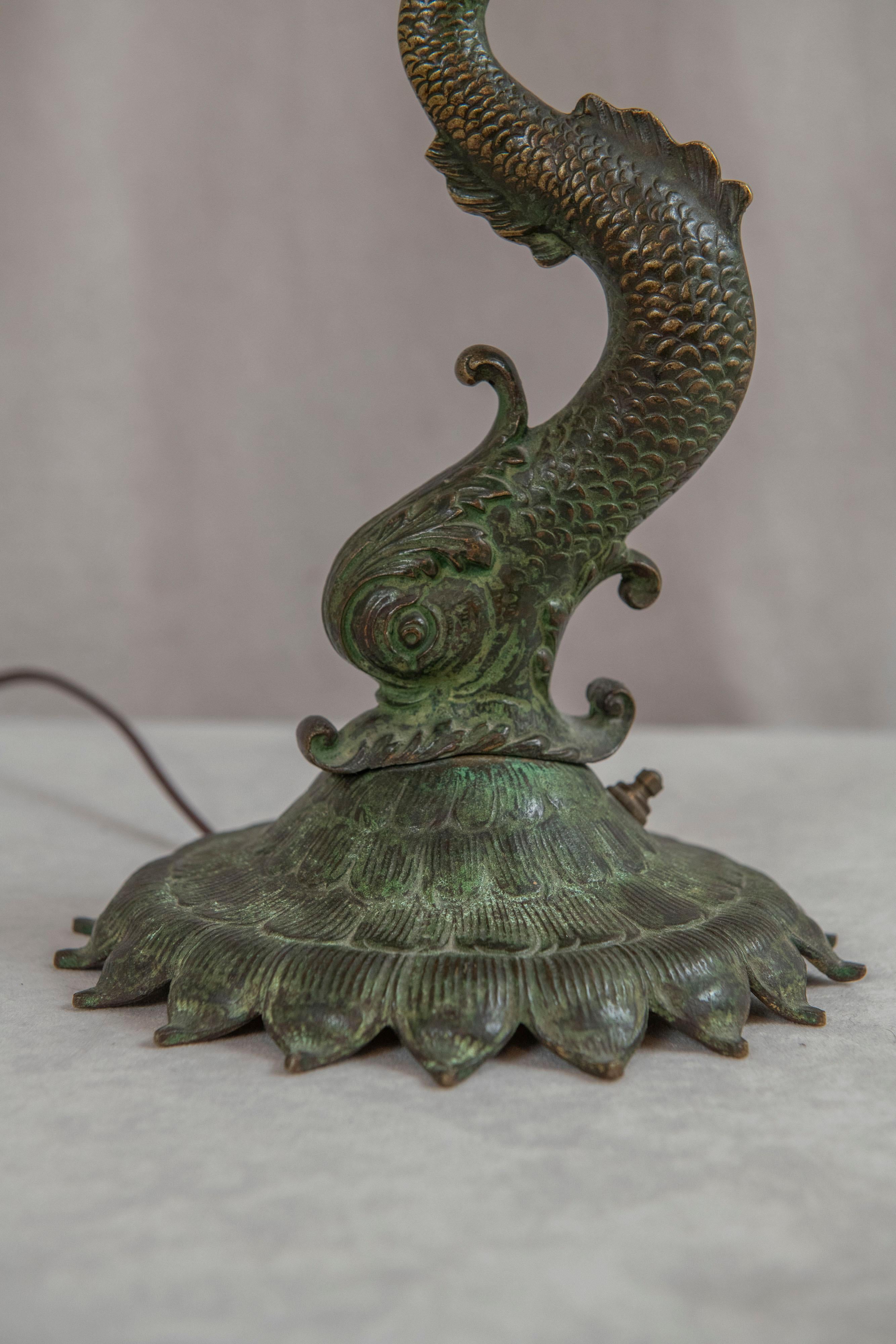 Cast Nautilus Sea Shell Lamp w/ Whimsical Dolphin Bronze Base, French ca. 1900