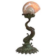 Antique Nautilus Sea Shell Lamp w/ Whimsical Dolphin Bronze Base, French ca. 1900