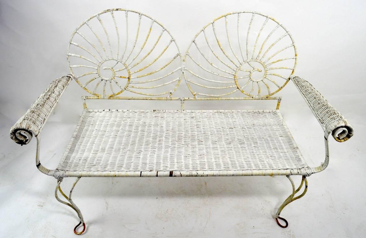 American Nautilus Shell Back Wicker and Iron Garden Bench