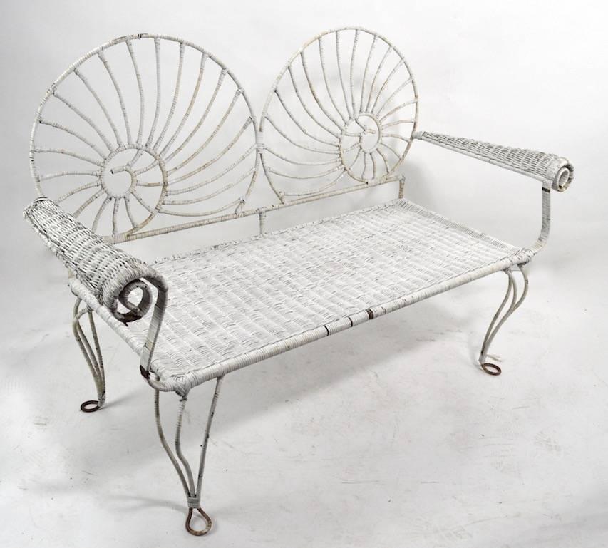 Nautilus Shell Back Wicker and Iron Garden Bench In Good Condition In New York, NY