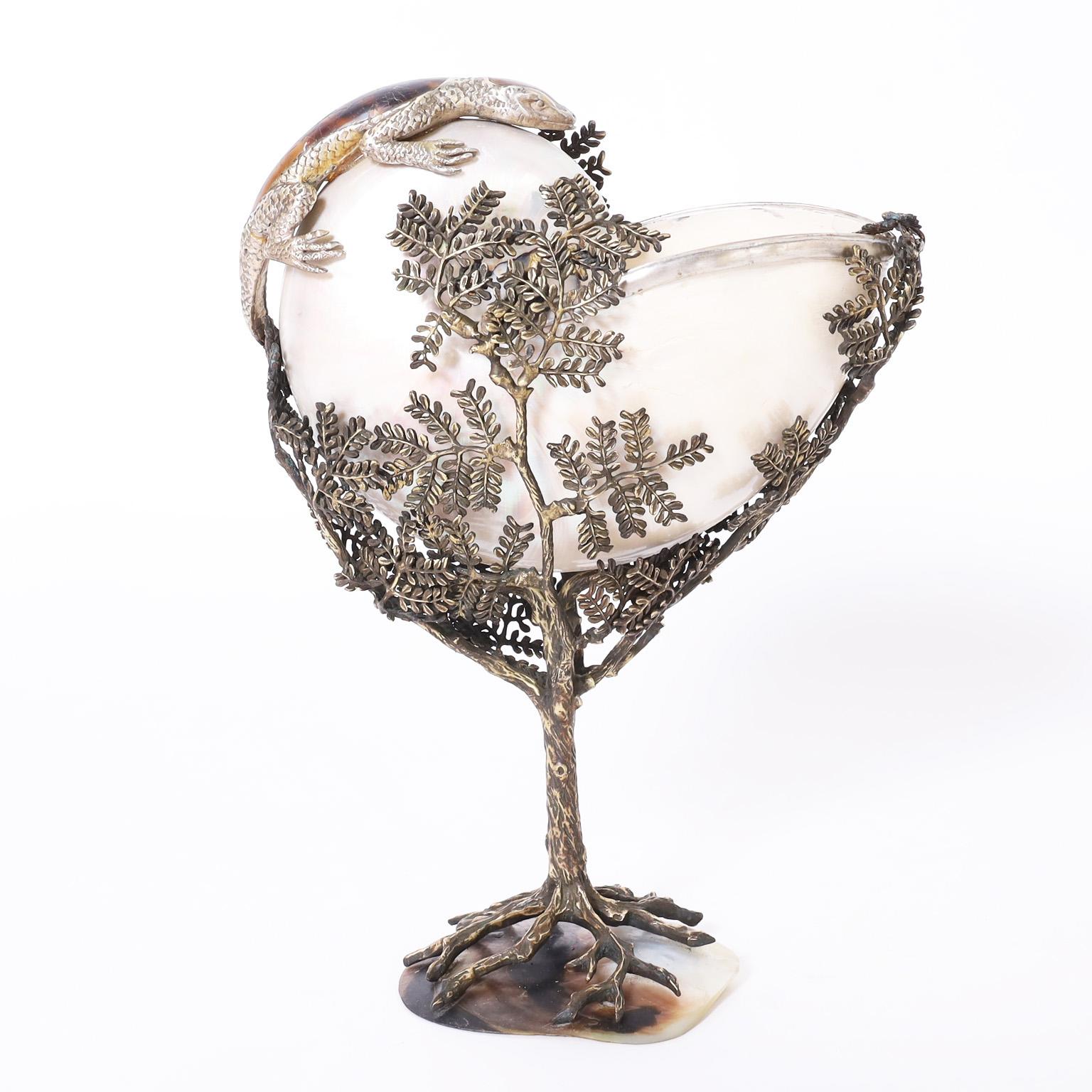 Mid-Century Modern Nautilus Shell in a Tree with Lizard Sculpture by Maitland-Smith