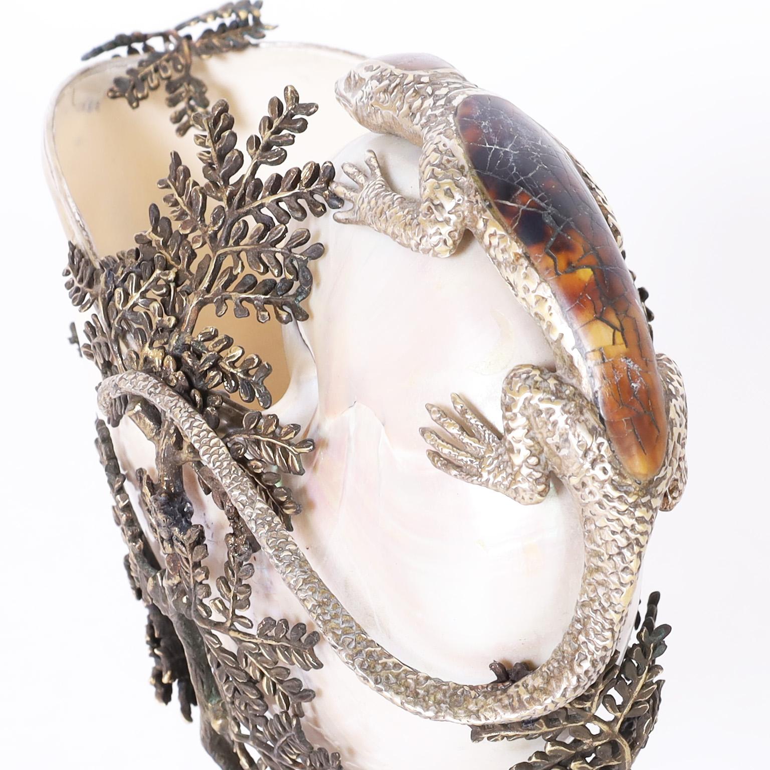 Metal Nautilus Shell in a Tree with Lizard Sculpture by Maitland-Smith