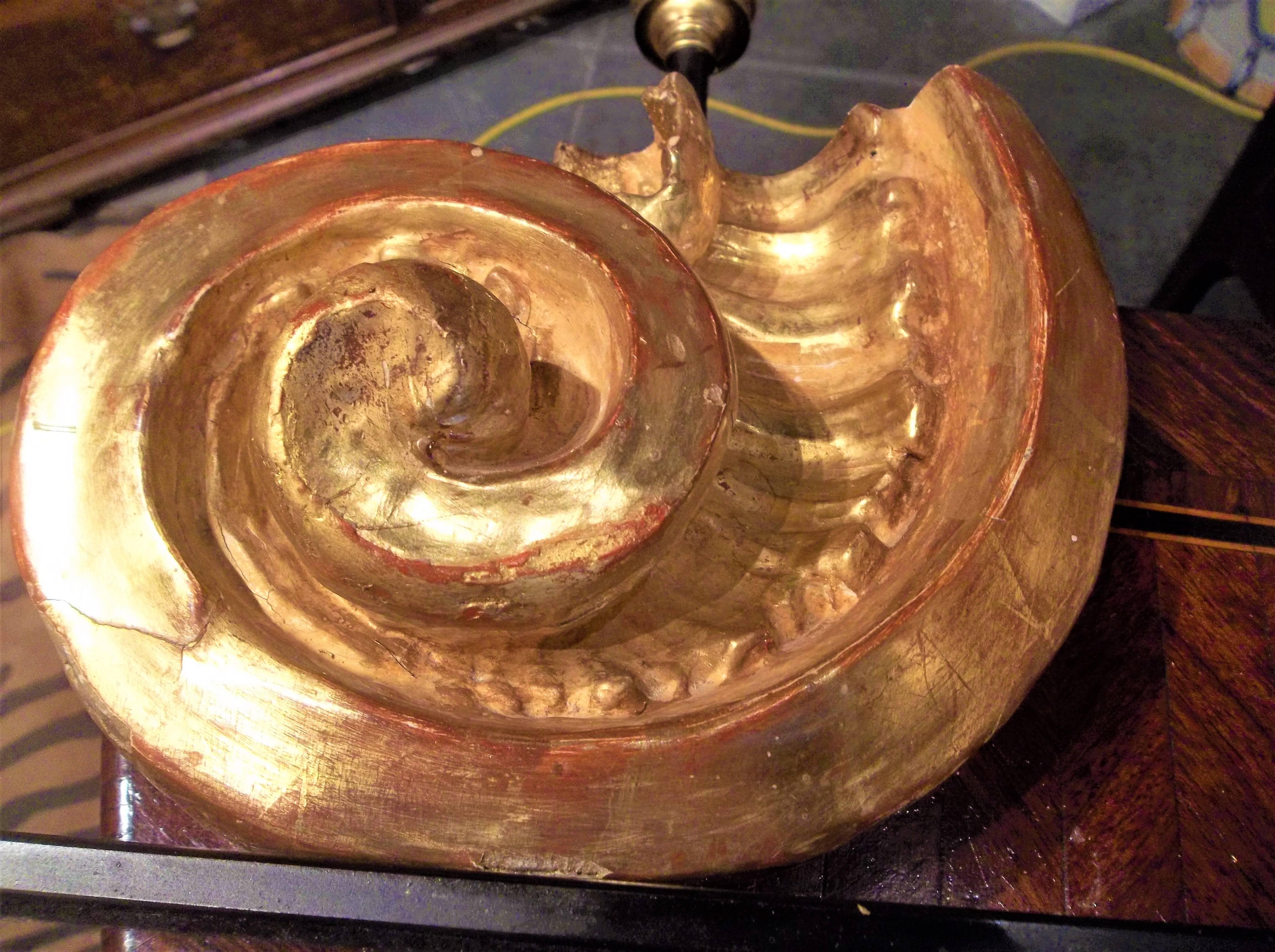 Baroque Nautilus Shell Shaped Giltwood Architectural Fragment Now Mounted as Lamp